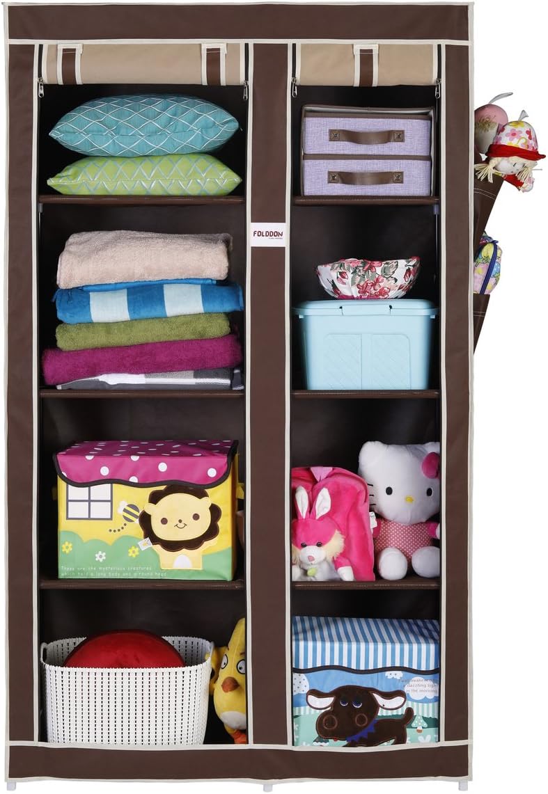 FOLDDON Foldable Wardrobe with 8 Racks, Standard Size (Beige and Brown)