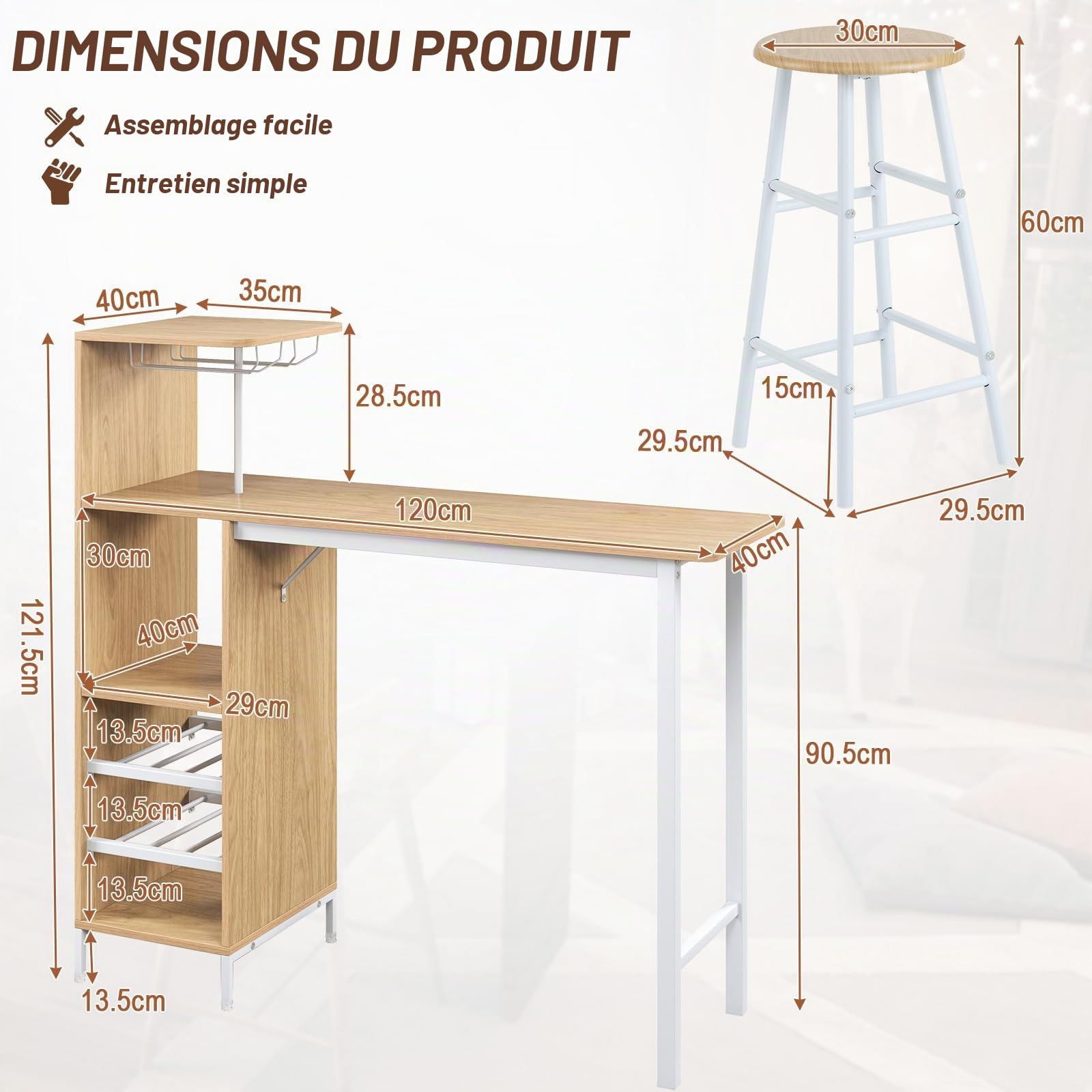 HOMASIS Ensemble de table de bar avec 2 tabourets de bar, table de salle à manger avec supports pour verres à vin et étagères pour 6 bouteilles de vin, table bistro industrielle pour cuisine, 120 x 40