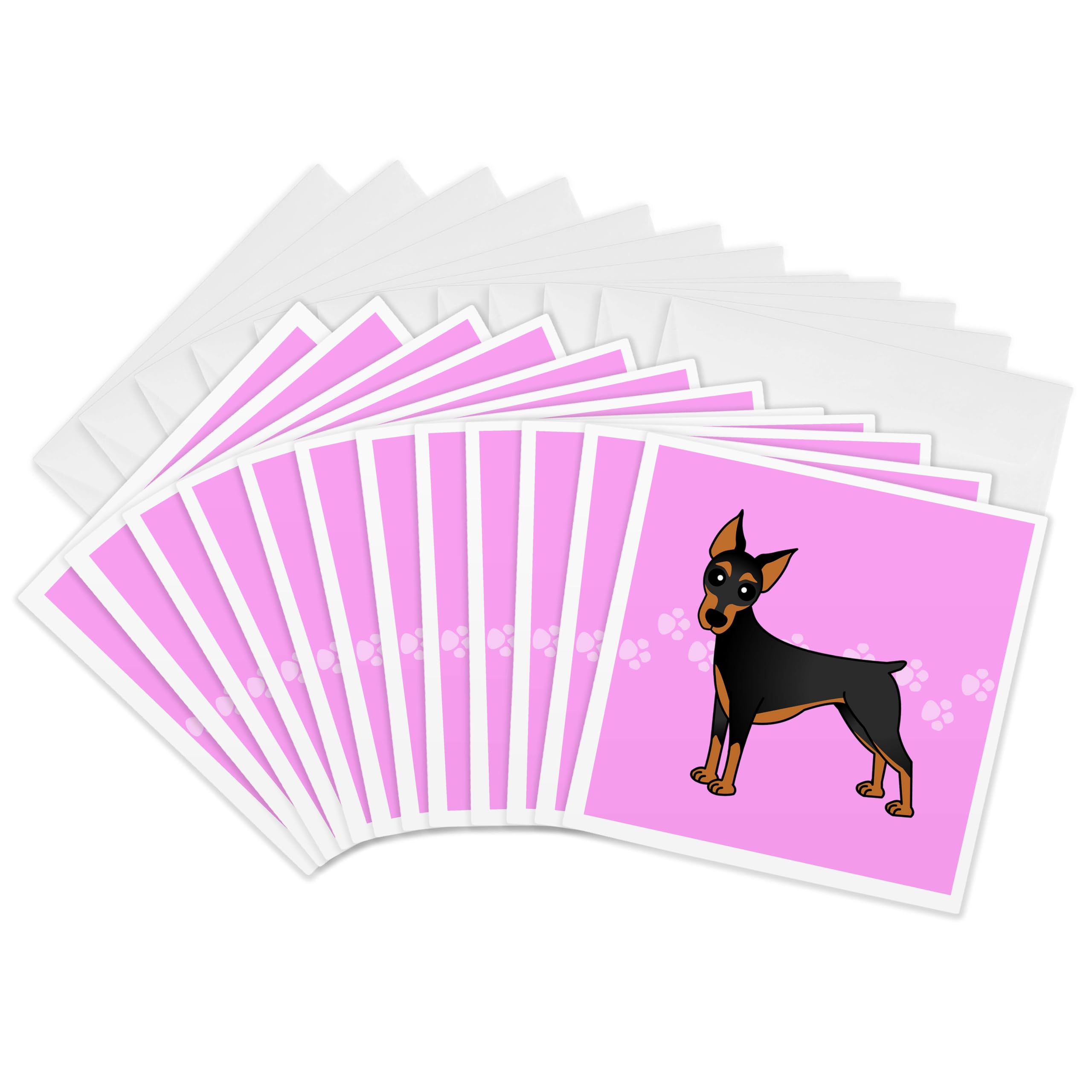 3dRose gc_40902_2 6 x 6-Inch "Cute Doberman Pinscher Black Coat - Cartoon Dog - Pink with Pawprints" Greeting Card (Pack of 12)