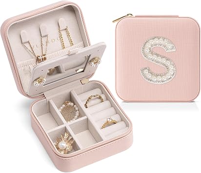 VLANDO Travel Jewelry Box for Girls Women, Initial Jewelry Organizer Box Travel Must Haves Jewelry Case for Girls, Necklace Earrings Ring Box Travel Gifts for Sister Daughters - Letter S, Pink
