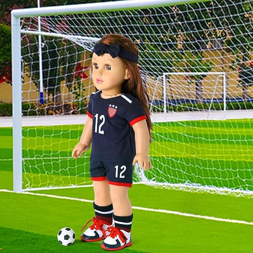 Miniatura 4 de Accesorios de ropa para muñecas de 18 pulgadas – Team USA Ropa de uniforme de fútbol de 6 piezas incluye diadema, camisa, pantalones cortos,