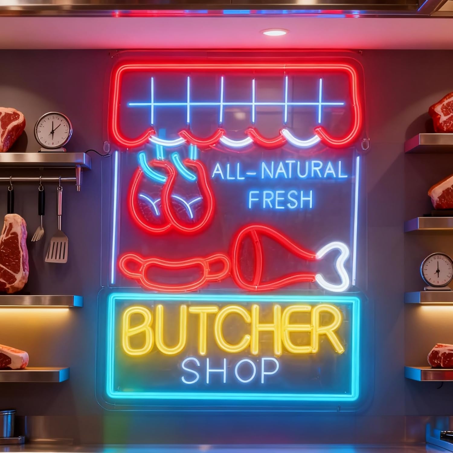 Butcher Shop Business Neon Sign Open Light Up Letters Led Sign for Wall Decor Door Signs Led Decorative Night Signs Decorations Supplies Grand Opening Gift for Butcher Shop Billboard