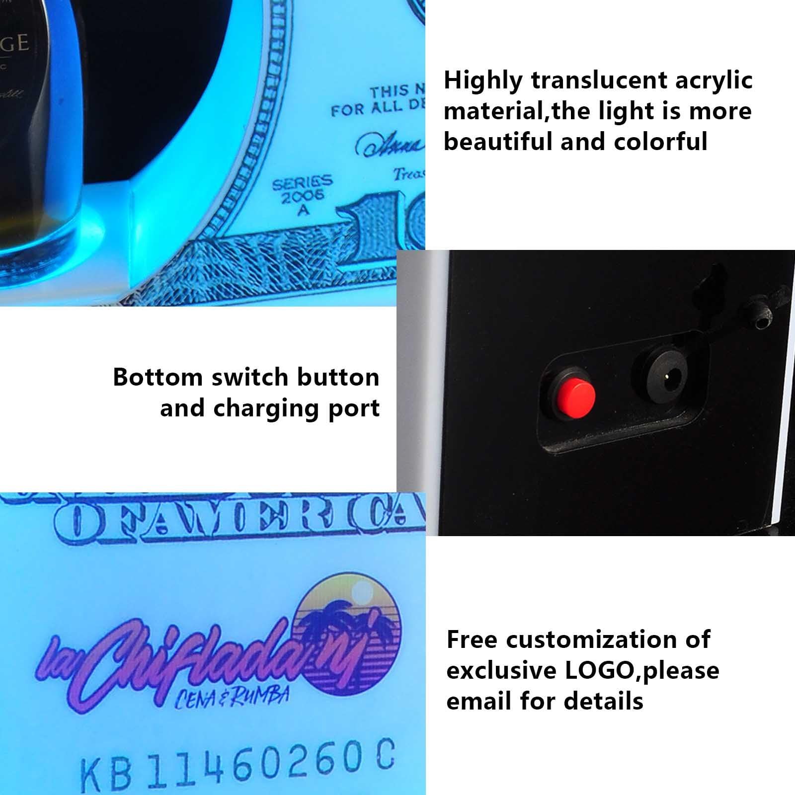 Espositore luminoso ricaricabile per bottiglie di champagne con aspetto da 100 banconote, per discoteca, villa, festa privata e ricevimento VIP