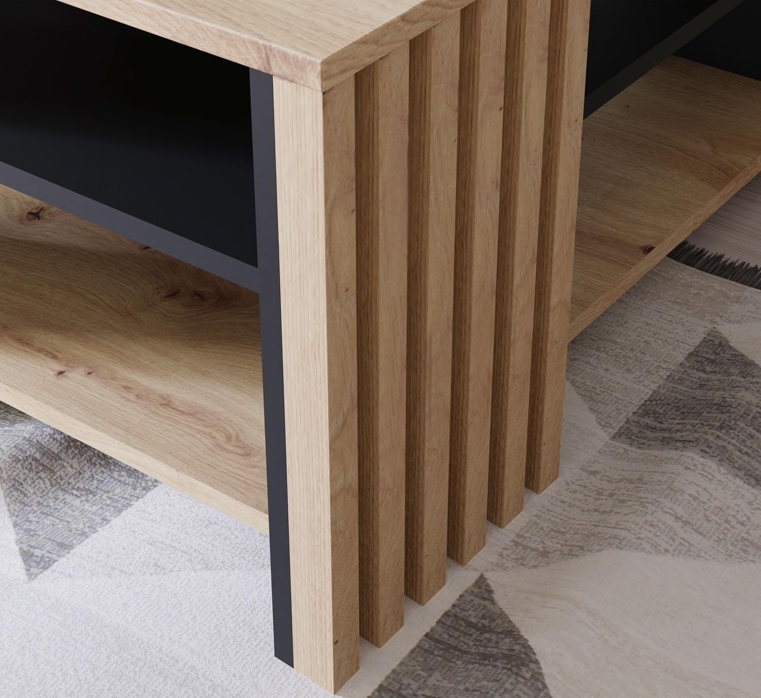 Forte Cardigan Couchtisch 80, moderner Sofatisch mit Ablage und Lamellendesign, Wohnzimmer, Holzwerkstoff, Artisan Eiche Holzdekor, Schwarz, 80 cm breit x 45 cm hoch x 80 cm tief