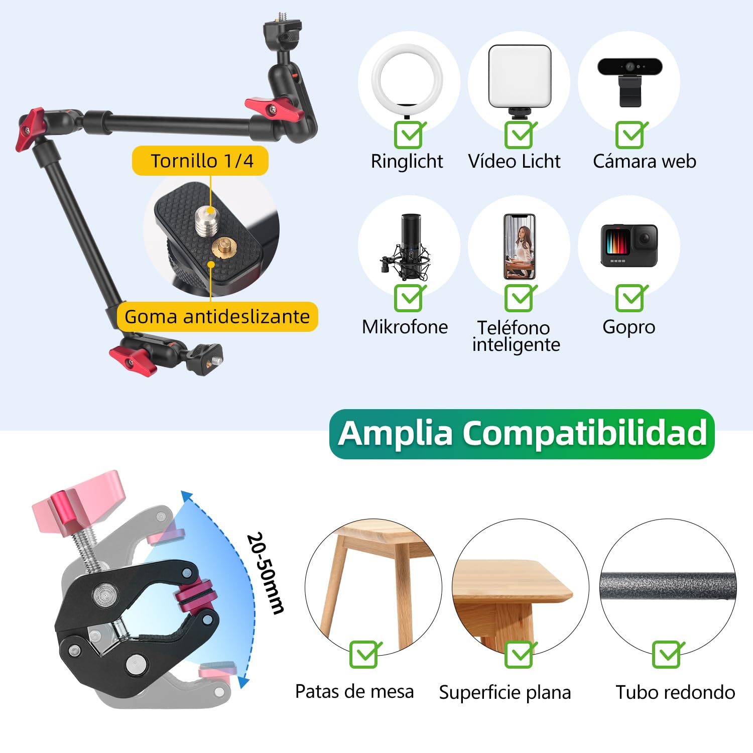 Brazo Mágico de 57 cm/22 con Superabrazadera, Montaje y Abrazadera Flexible de 360°, Soporte para Teléfono Móvil, Brazo Articulado con Rosca de 1/4 Pulgadas para Smartphone, Cámara de Acción