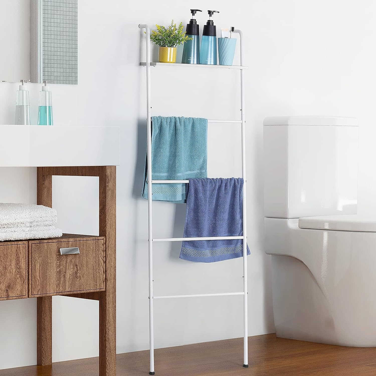 Porte-Serviettes Échelle 4 Niveaux Avec Crochets - 125,5 Cm De Haut, Marron Et Noir, Charge 25 Kg, Pour Salle De Bain