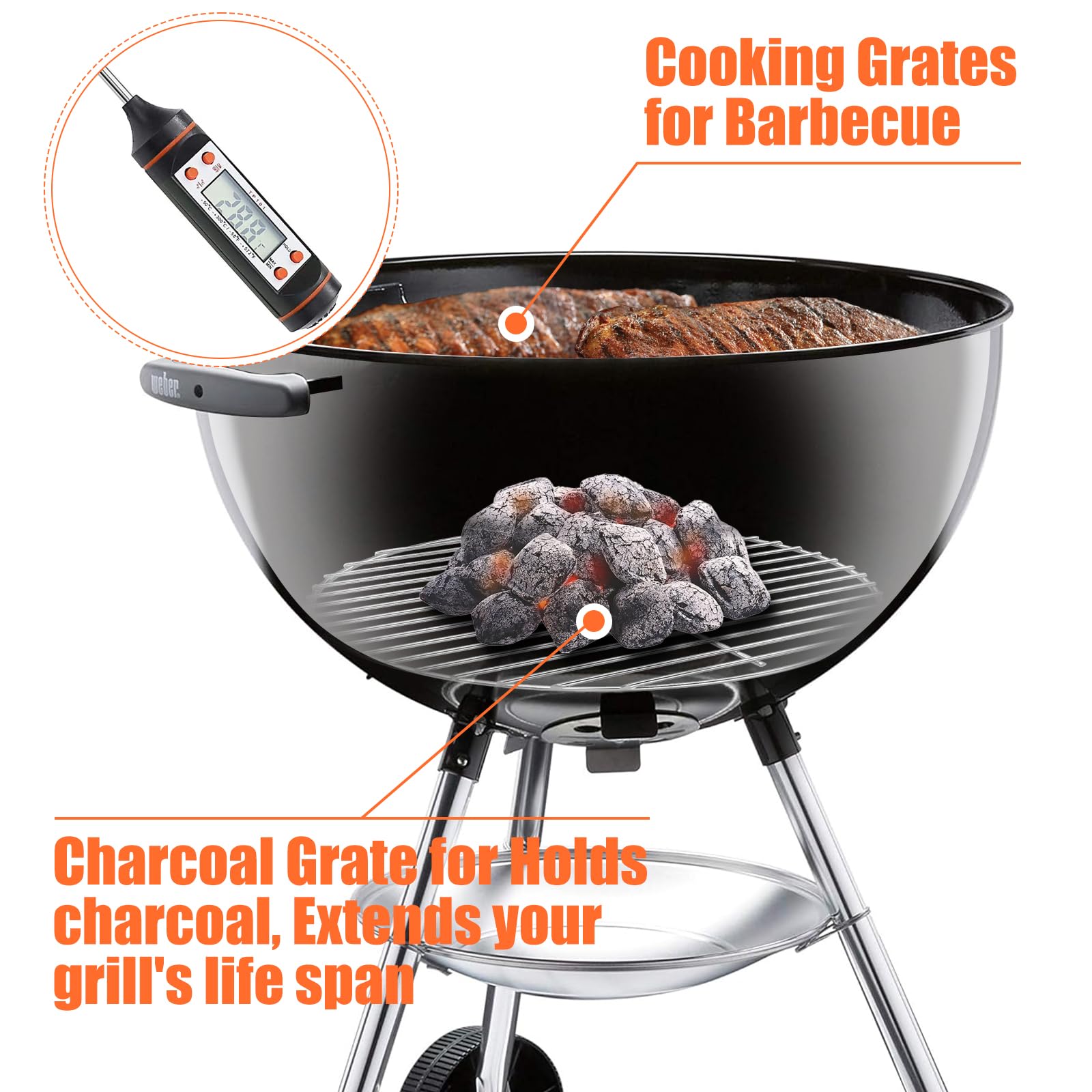 Denmay 7432 7440 Grille de Cuisson et Grille à Charbon pour Grils à Charbon Weber 47 cm, Weber One-Touch, Bar-B-Kettle, Smokey Mountain Cooker Smoker, Jumbo Joe, Original Kettle, avec 1 Thermomètre