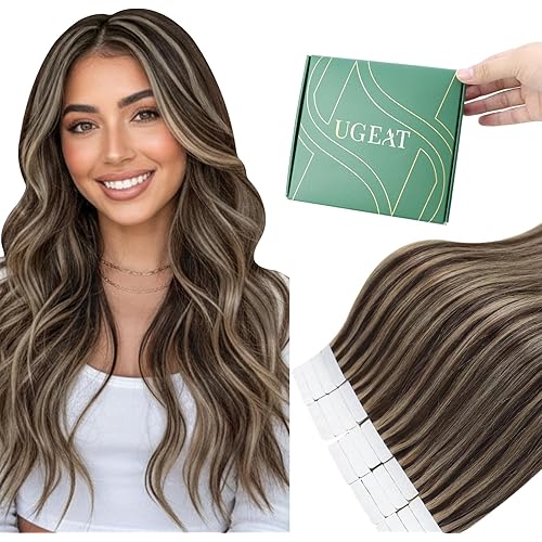 Ugeat Tape in Hair Extensions Human Hair Highlight Tape in Extensions Dark Brown Mix Caramel Blonde Highlights Hair Extension Tapes in for Women 14 Inch 20Pcs 40G