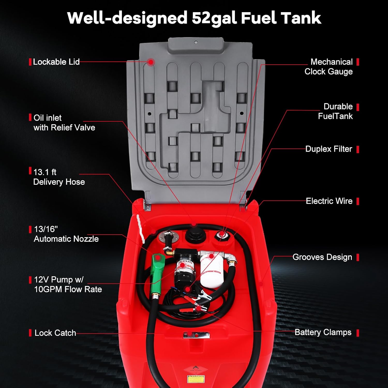 52 Gallon Portable Fuel Tank with 12V Electric Pump, 13ft Hose & Auto Shut-Off Nozzle – Heavy Duty Diesel & Gasoline Fuel Container for Truck, Tractor, Generator, ATV & Job Site - Red