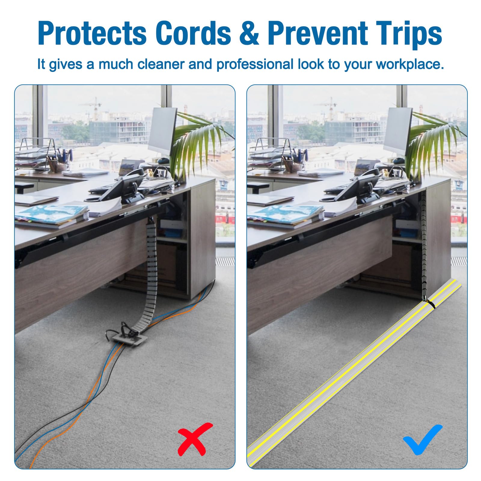 Eapele Protector de cubierta de cable de piso, conducto de PVC resistente fácil de desenrollar, evita cables y protege cables, perfecto para oficina en casa o al aire libre (gris - 10 pies)