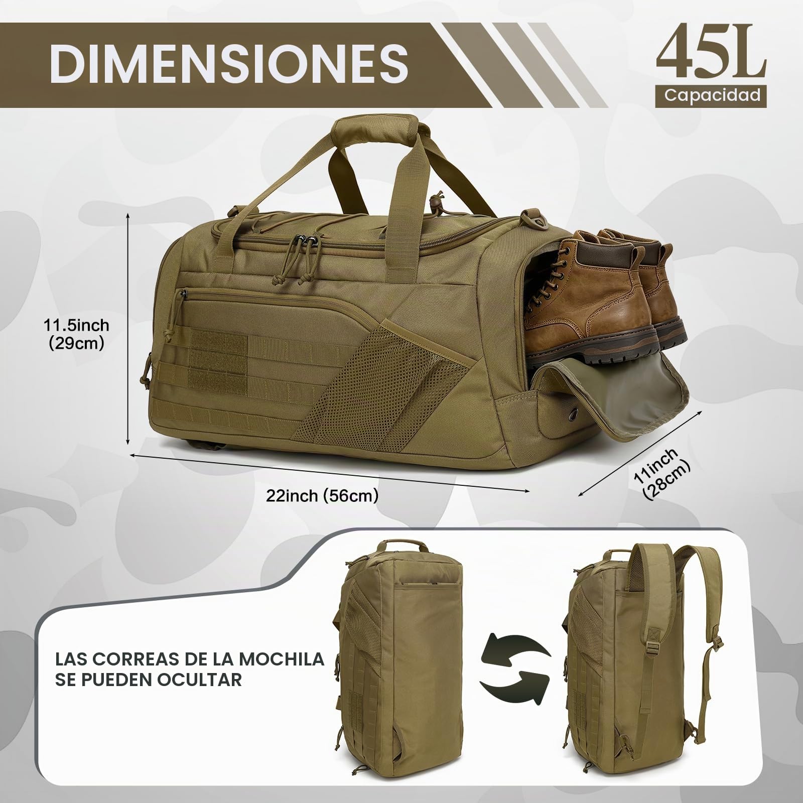 45L Bolsa Viaje Hombre 3 en 1 Bolsa Deporte Táctica para Gimnasio con Compartimento Zapatos, Bolsillo húmedo y Función de Mochila para Camping, Viajes, Fin de Semana, Marrón
