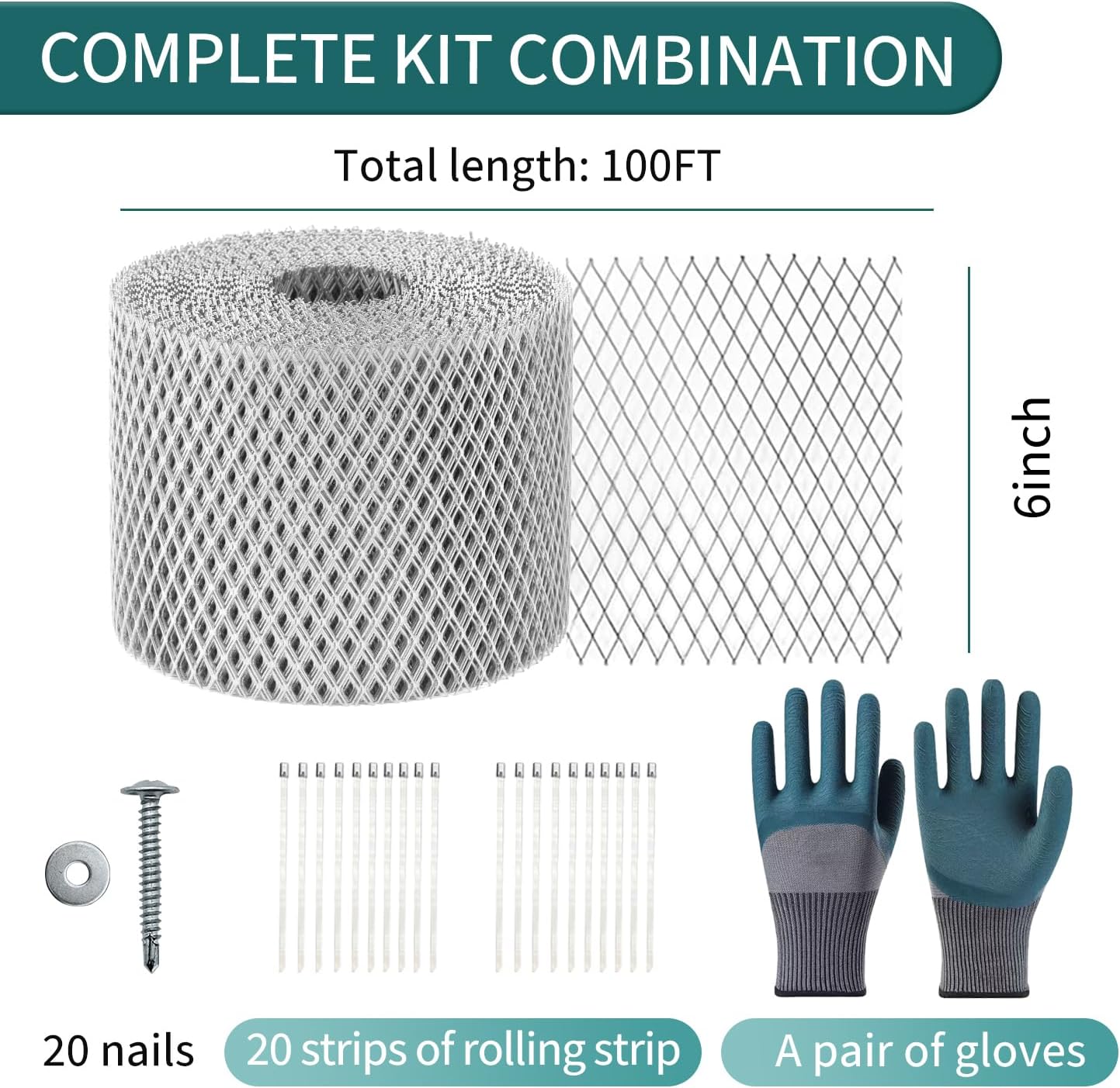 6Inch x 100Ft Roll of Gutter Guard,Heavy Duty Leaf Filter,Leaf Filter Gutter Protection Roll with Installation Screws and Stainless Steel Ties,DIY Gutters Protection Cover (Silver 6inch X 100ft)
