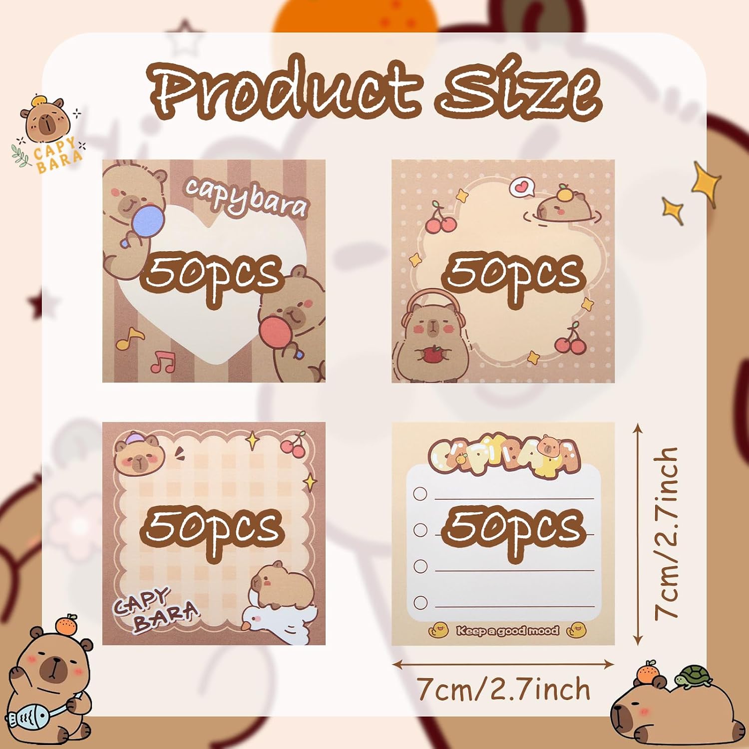 Capybara Sticky Notes, Capybara Sticky Memo Pads Kawaii Small Self-Stick Memo Note Pad, 4 Packs 50 Sheets/Pack 2.7x2.7inch, Self-Stick Notepad for Students Teachers Kids Girls image 2