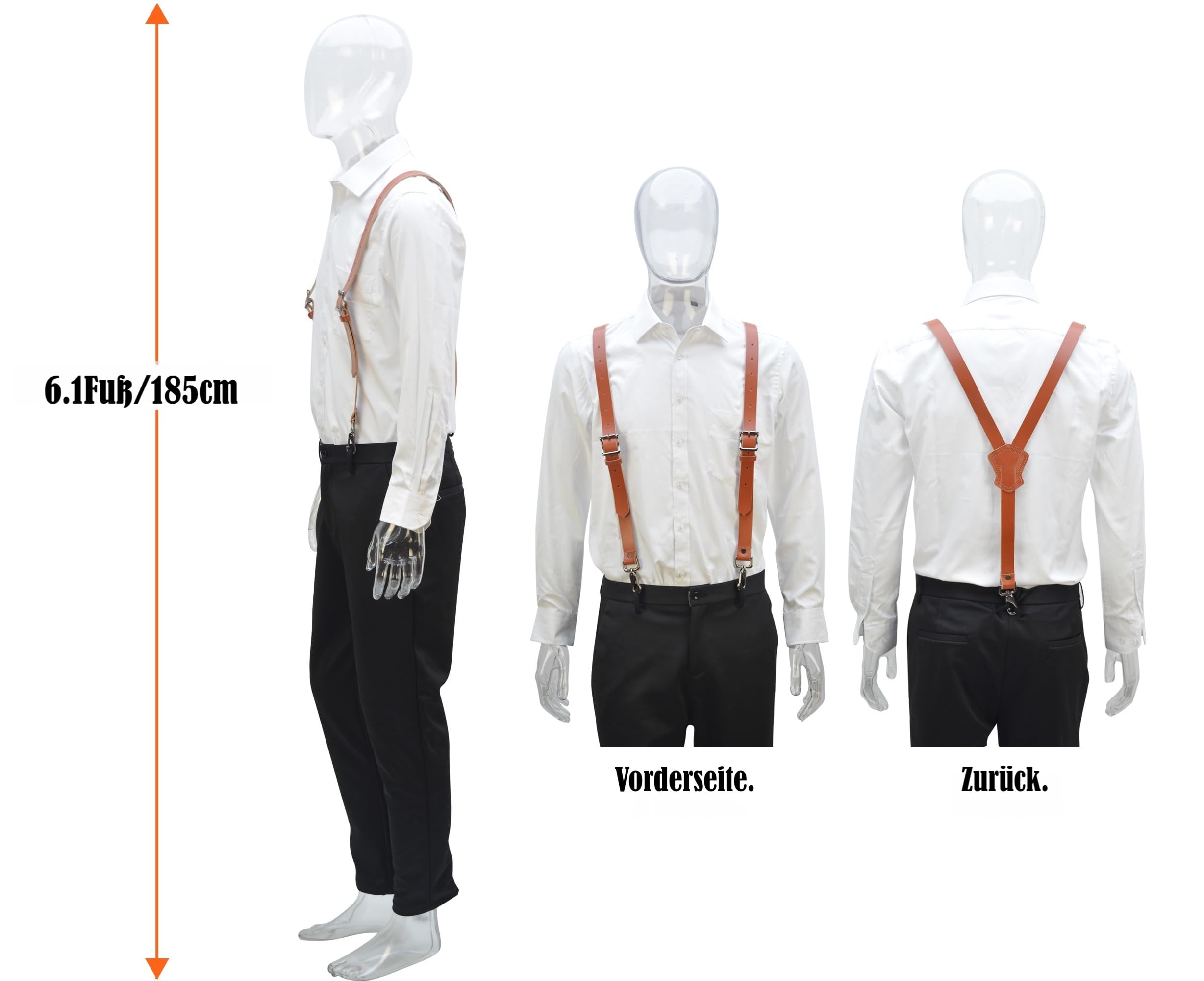 WELKINLAND Hosenträger aus Büffelleder, robuste Arbeits-Hosenträger für Herren, braunes Leder mit Haken, Braun, Adjustable Fit Upto 6.4' Body