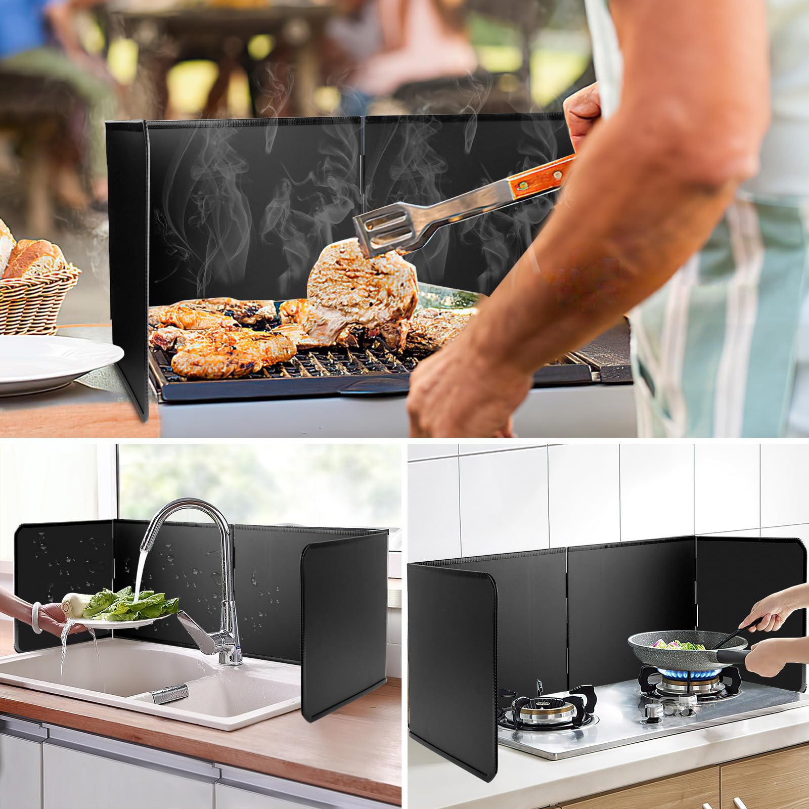 76*29*30cm Protection Anti-éclaboussures Pliable, 3Côtés Plaque Anti-projections Pliable, Plaque Anti Projection de Cuisson Résistant à la Chaleur, Plaque Anti Projection Cuisine pour Cuisson/Rôtir