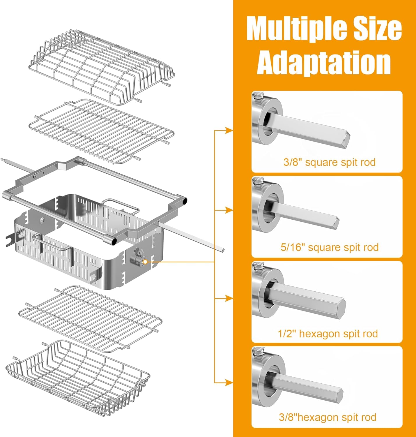 Rotisserie Basket Kit for Kamado Joe Adjustable Basket Accessory Kit with a Flat Basket, Tumbler Basket and Quick Connect Rod for Kamado Classic Joe Big Joe and most Smoker/Charcoal/Gas Grills