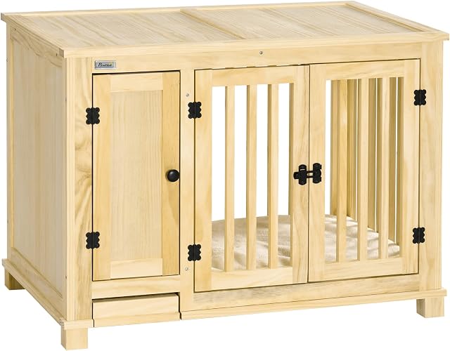 PawHut Dog Crate Furniture with Drawer Bowl, Wooden Dog Cage with Storage Cushion for Small Dogs - Natural Tone