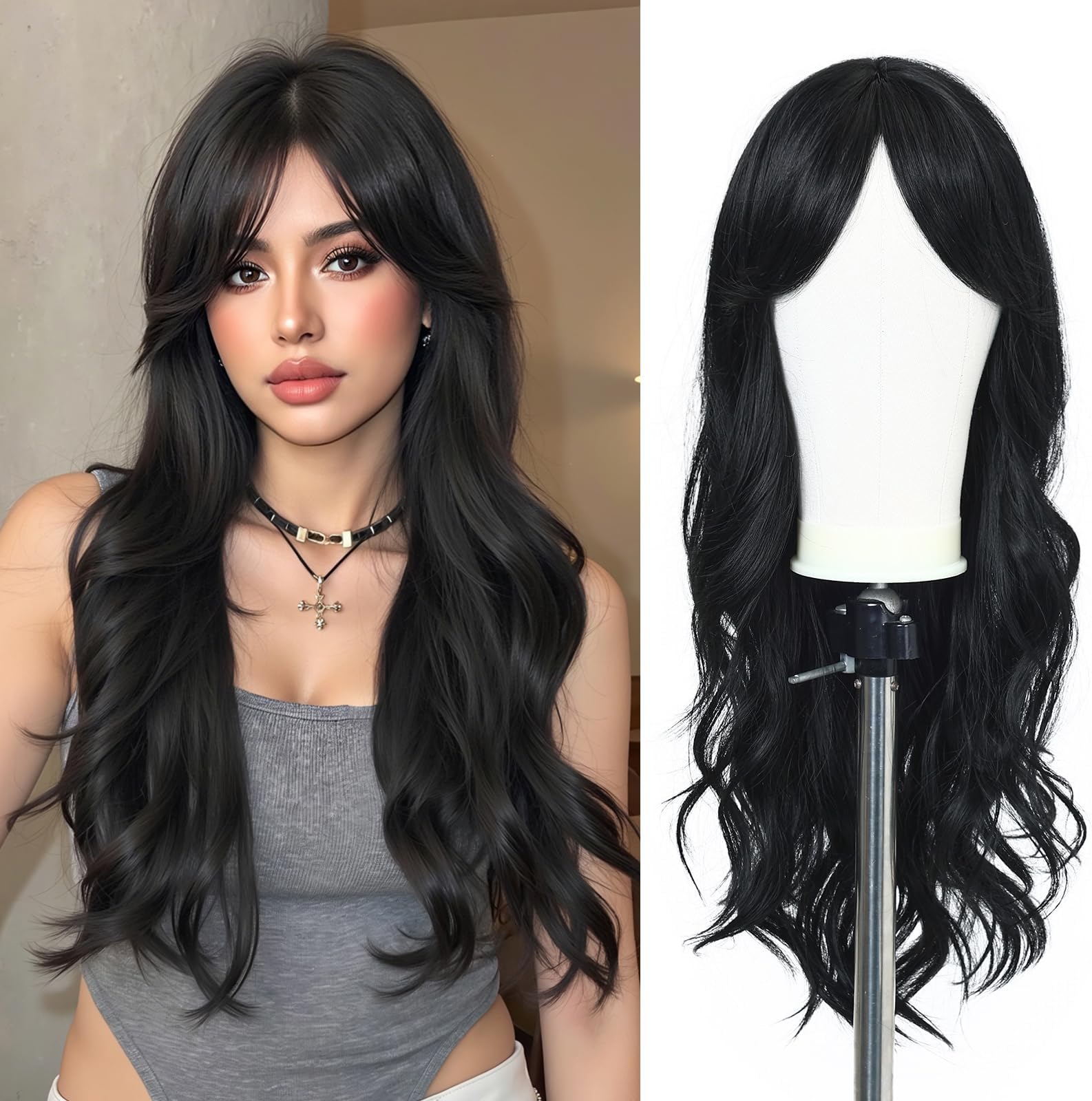 Esmee Long Wavy Black Bangs Wig Women Natural Synthetic Hair Heat Resistant Wig Everyday Party Cosplay (26 Inch)…