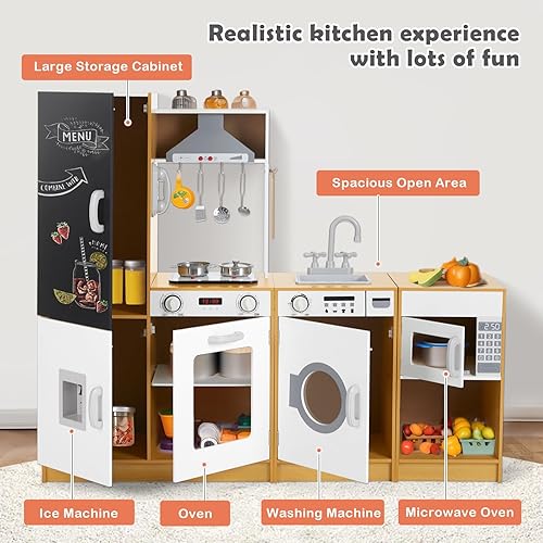 Miniatura 3 de JOYLDIAS Juego de cocina para niños, juego de cocina de madera con sonido y luz reales, máquina de hielo, horno, lavadora, pizarra, combinación