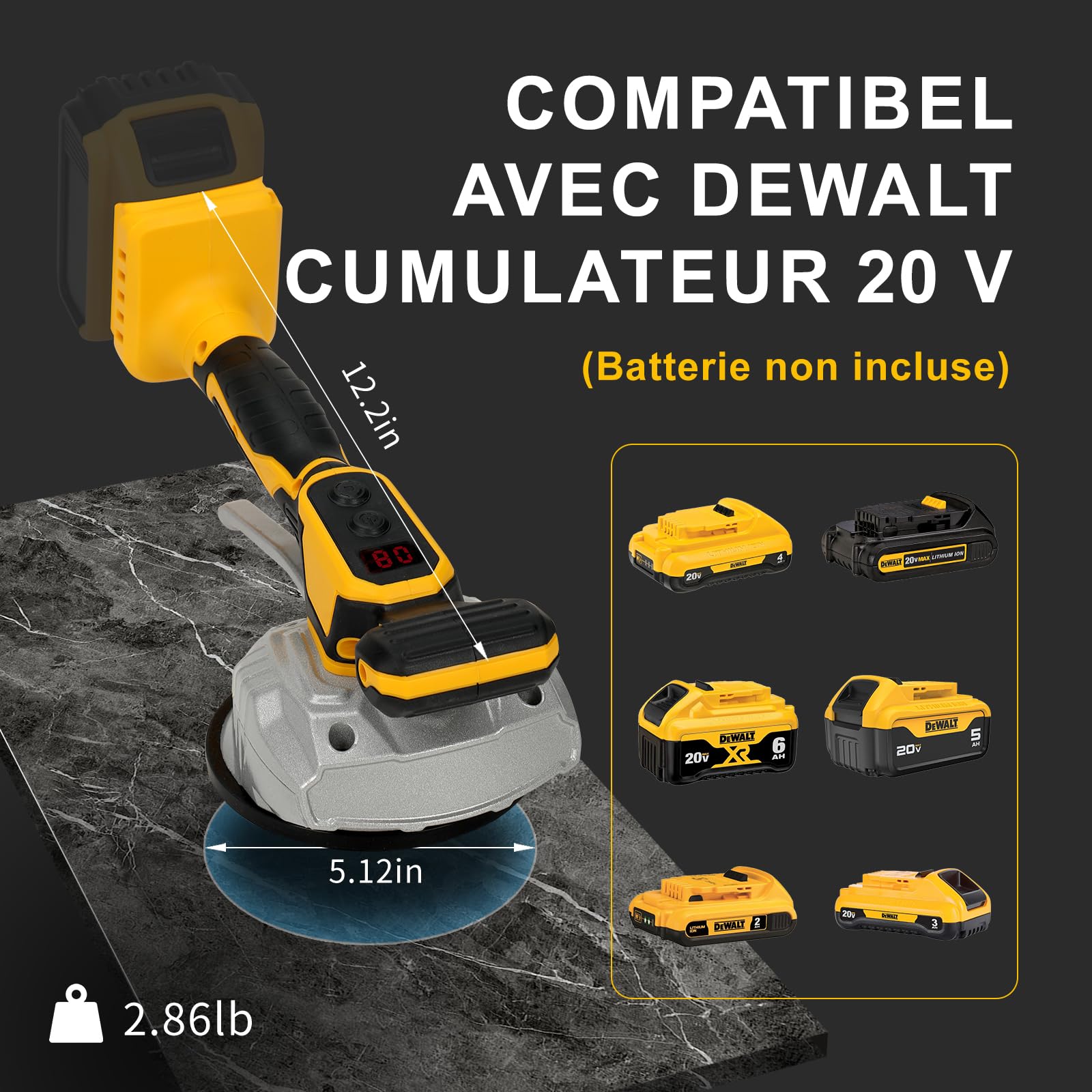 Outil de vibration de carrelage pour batterie Dewalt 20 V | Ventouse de 13 cm | Adsorption de 50 kg | 8 vitesses réglables | Convient pour carrelage de 20,3 à 119,4 cm | avec affichage numérique pour