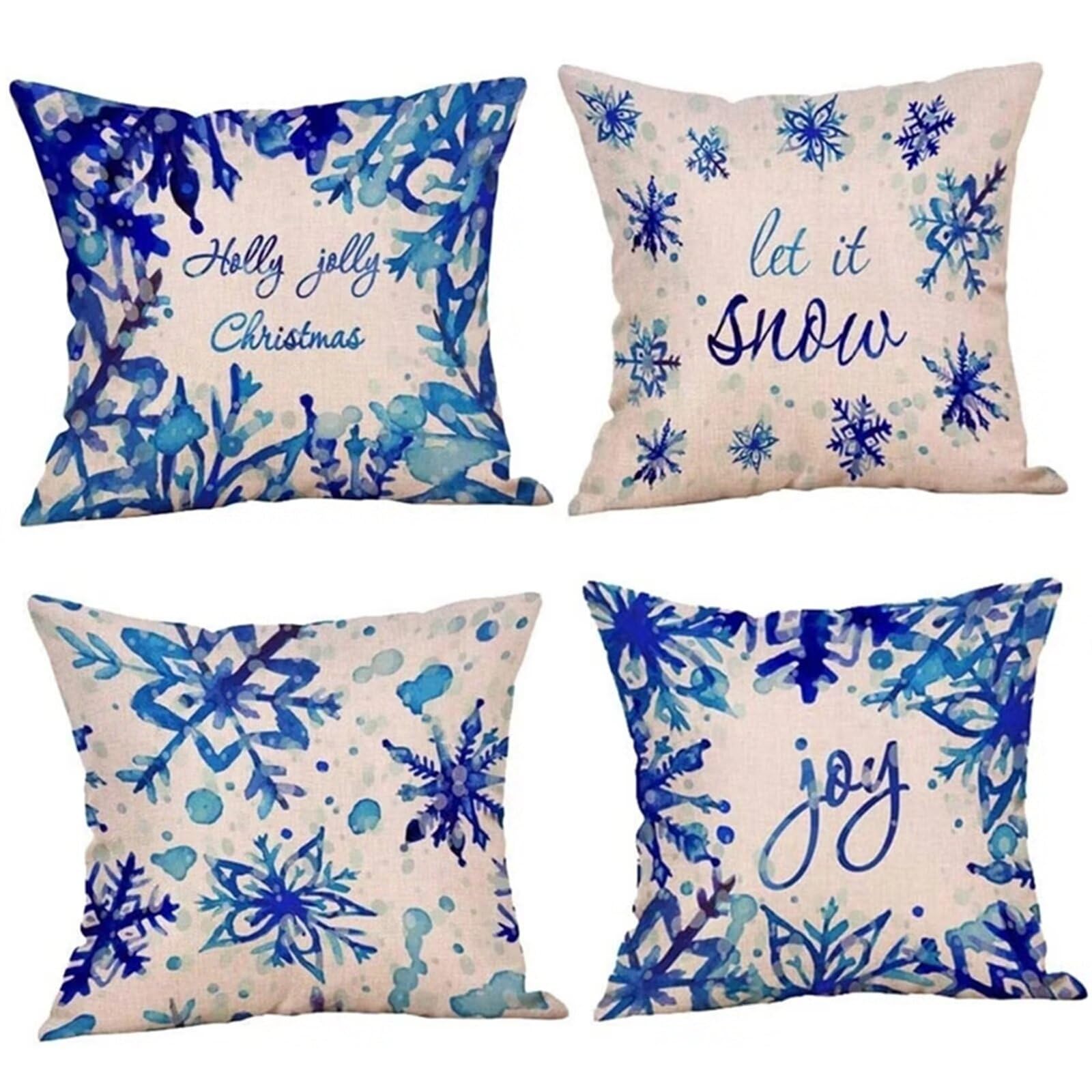 Juego de 4 Impermeable Funda de Cojín Copos de Nieve de Acuarela Azul,55x55cm Moderno Suave Lino Fundas de Almohada Cojines Decor con Cremallera Oculta para Exterior Sofá Cama Coche Hogar