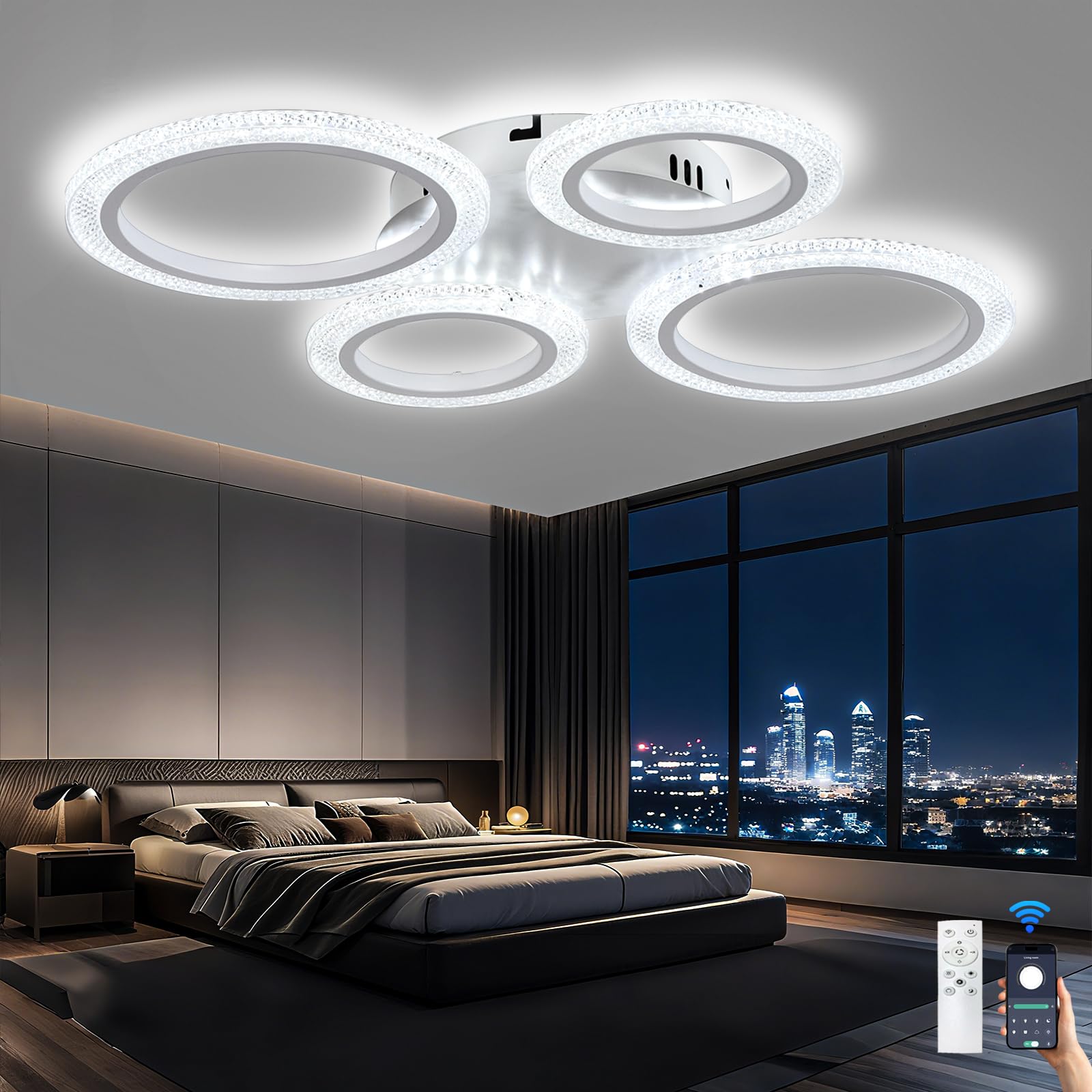 Lámpara de Techo Led Inteligente Moderna con Control Remoto y App, 48W Ceiling Lamp Regulable, 3 Temperaturas de Color, Modo Memoria y Timer, Para Dormitorios, Salones y Cocinas, Blanco
