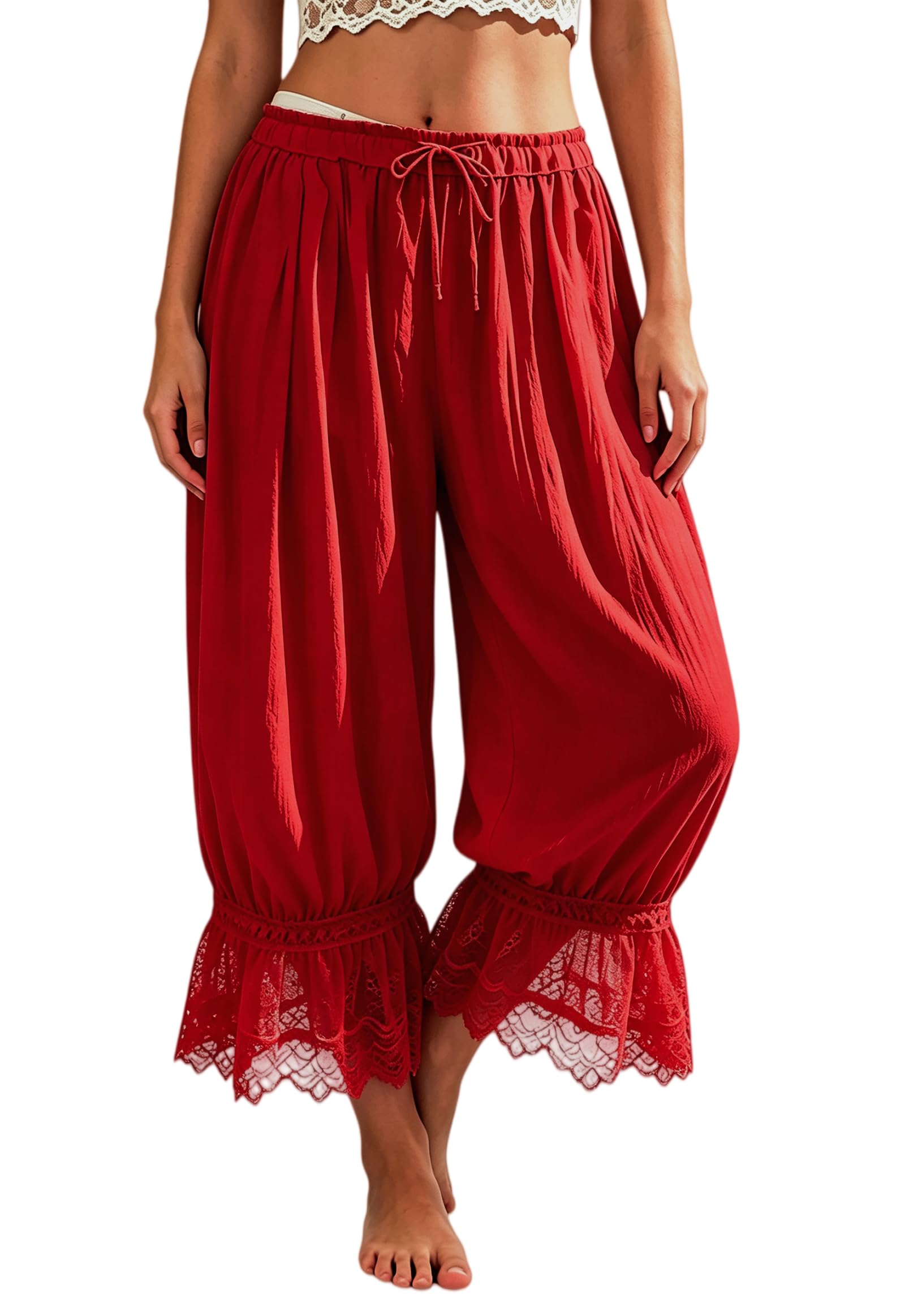 Women Lace Trim Long Bloomers Ruffle Pantaloons Culottes