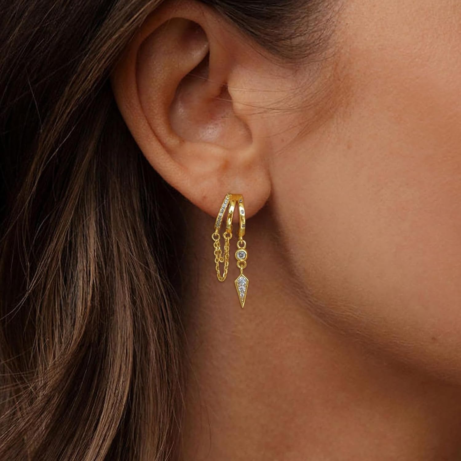 Gold Dangle Earrings for Women Triple Huggie Hoop Stud Earrings Cute Statement Chain Earring Dainty Drop Earrings for Women - Image 5