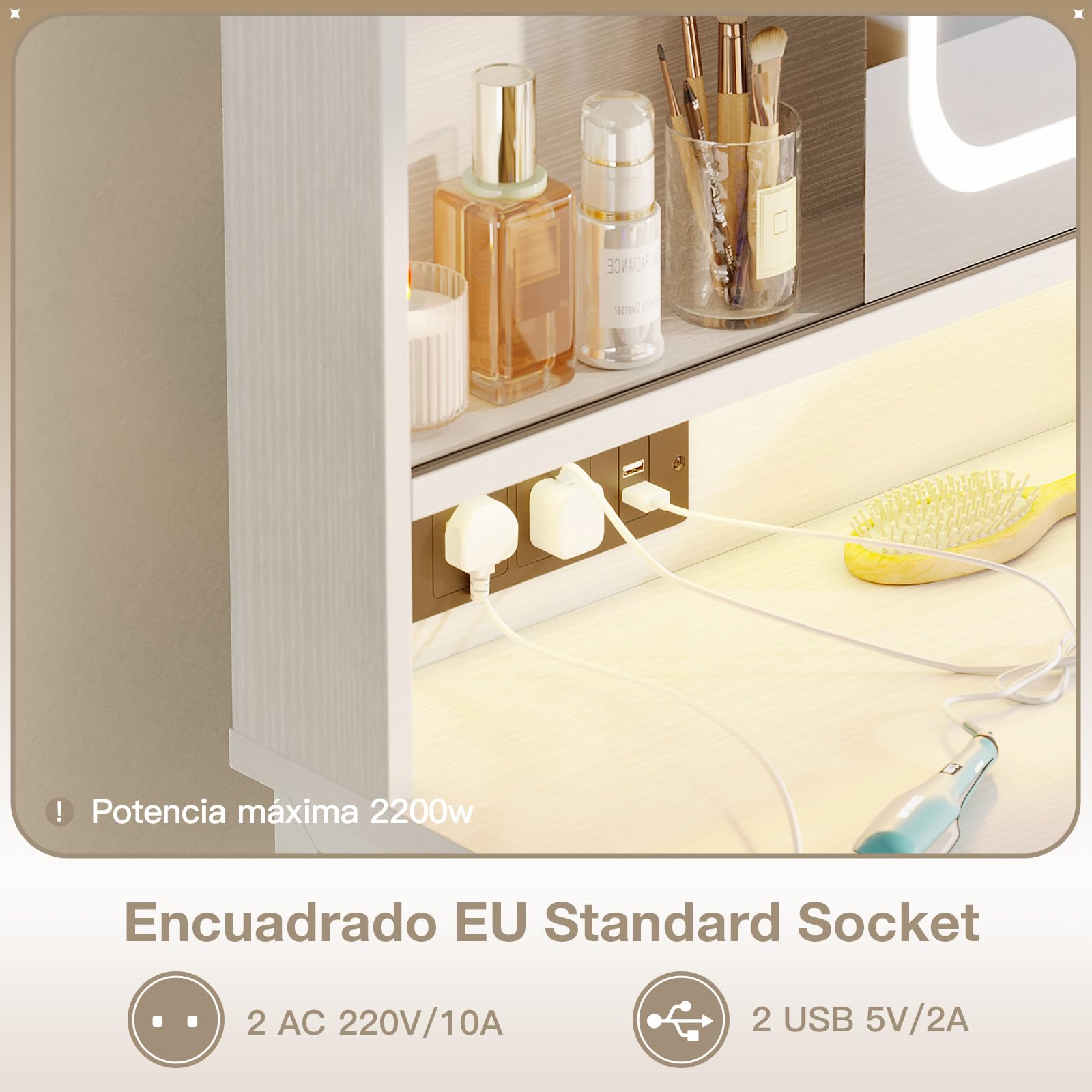 ODK Tocador con Espejo LED Ajustable, Enchufes USB Integrados y Tira de Luz RGB – Mesa de Tocador con 5 Cajones de Tela y Estantes de 3 Niveles – Tocador Blanco 90×40×139 cm