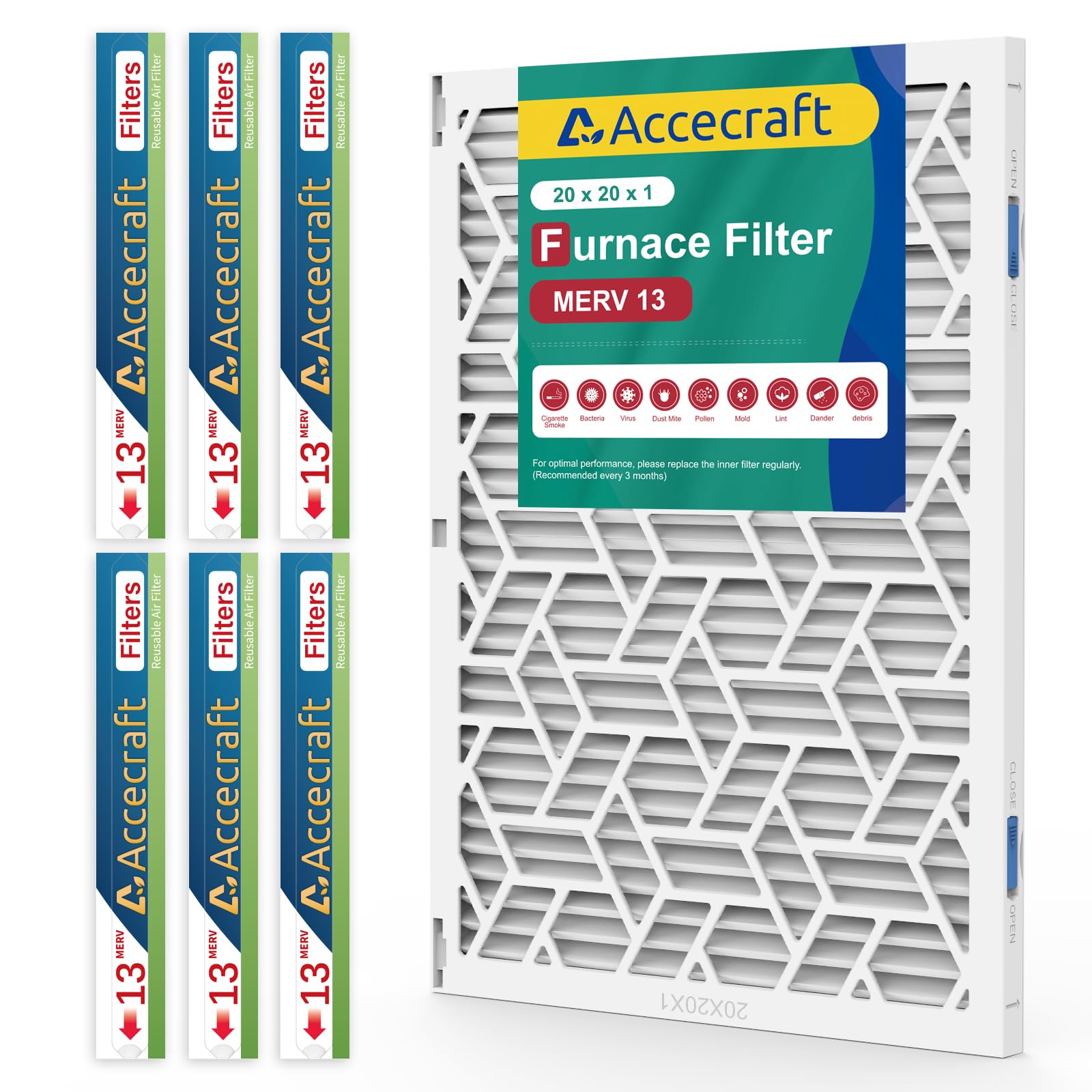 Accecraft 20x20x1 Air Filter MERV 13, Advanced Dust Defense,Cost-effective,1 Reusable ABS Frame + 6 Pack Replaceable, Quality Furnace Filter Media for AC & Furnace Applications(1 Frame+6 Filter)
