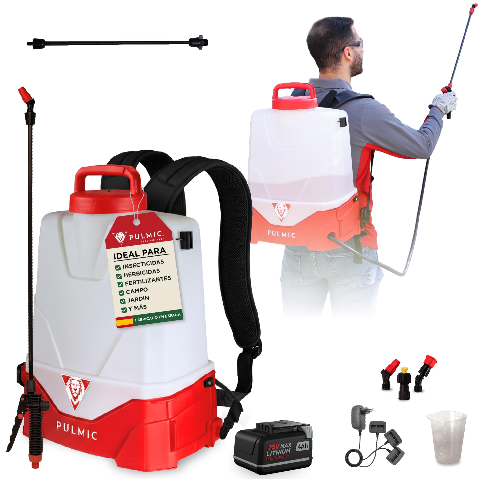 Pulverizador Eléctrico Pegasus 15L PULMIC, Sulfatadora eléctrica a Batería Litio 25V MAX Extraíble, hasta 15h Autonomía, 3 Velocidades, 3 Boquillas, Mochila Pulverizadora