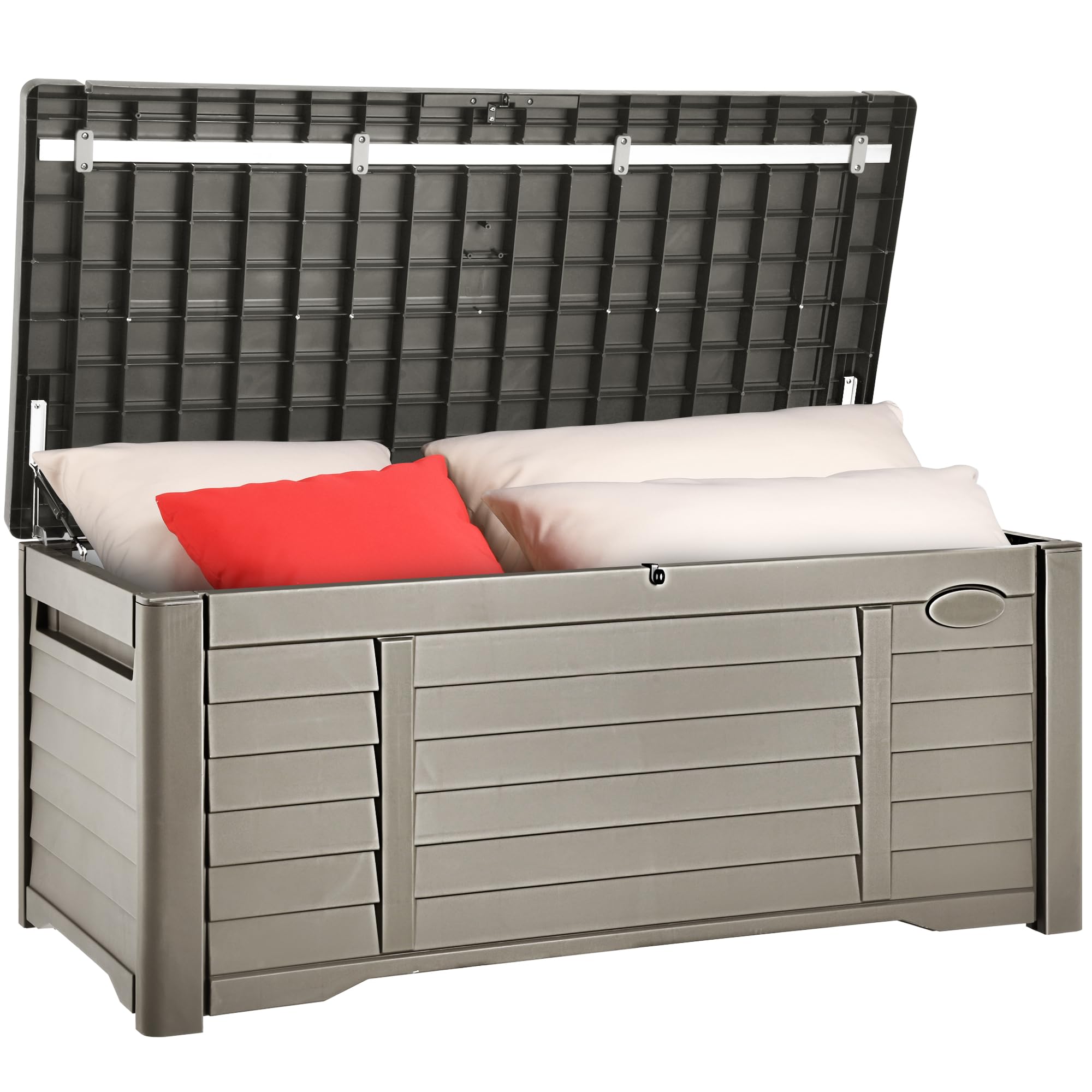 ((similar)) YITAHOME 120 Gallon Large Outdoor Storage Deck Box, Waterproof Cushion Storage Bench with Lockable Lid for Patio, Pool Supplies, Garden Tools, Resin, Taupe