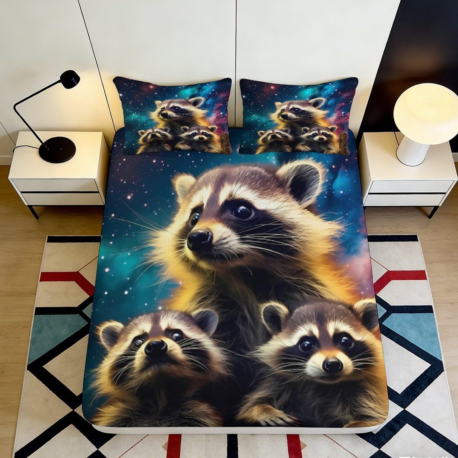 Pnayamiorkfel Style-10 3D Printed Raccoon Family Fitted Sheet Microfiber Soft Animal Galaxy Bed Cover For Bedroom Guest Room Decor 90X200x25cm