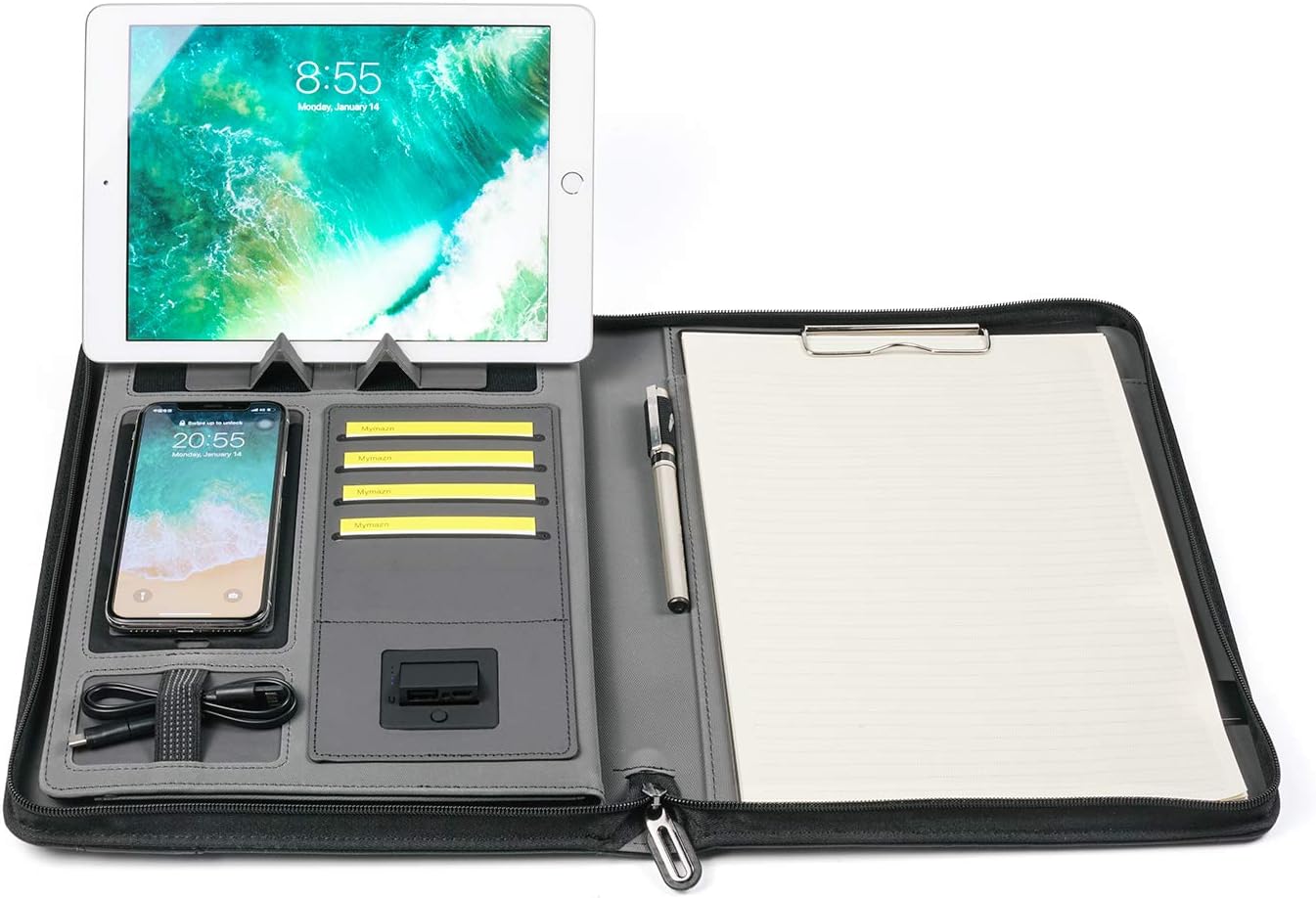 Zipped Conference Folder Business Folder Mymazn A4 Padfolio PU Leather Document Holder Portfolio with 5000 mAh Powerbank and Wireless Charging for Travel or Meeting Black with Power