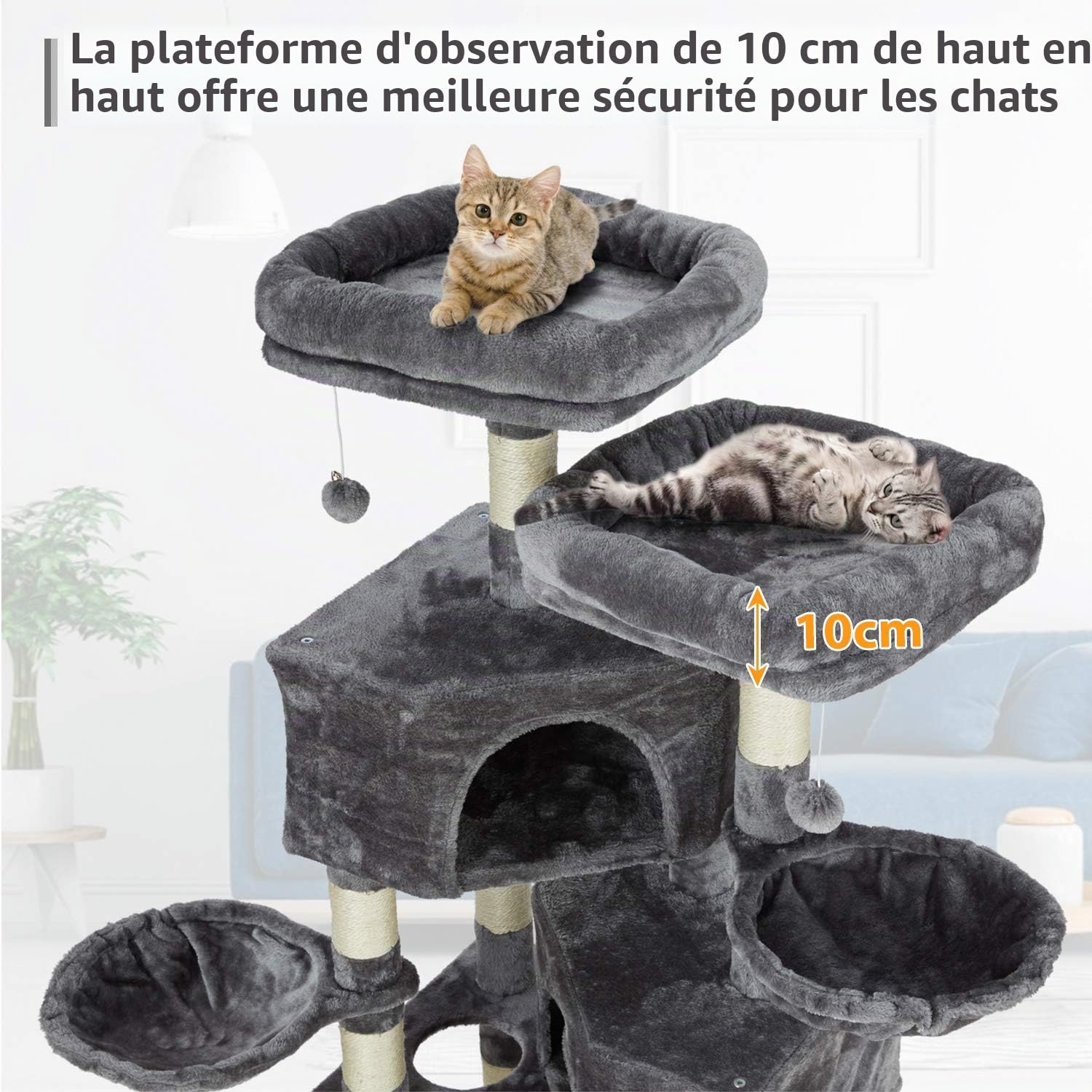 MSmask Grand Arbre à Chat, avec 2 Niches, 2 Grandes Plate-Formes, 10 Poteaux en Sisal, 2 Paniers, 1 Hamac, 2 Pompons, Tour de Jeux Stable pour Chats, Multi-Niveaux, Gris Clair