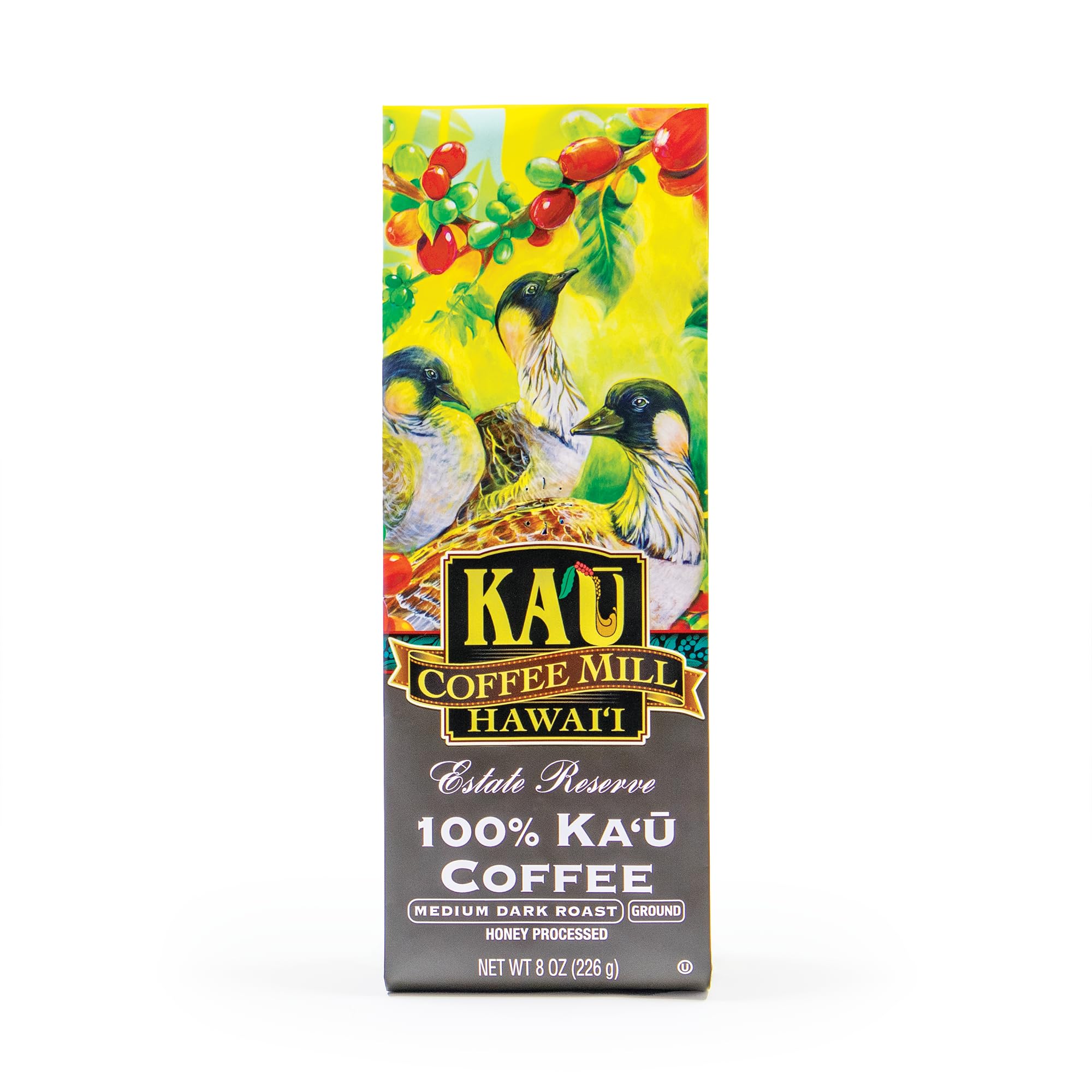 Ka'u Coffee Mill Estate Reserve Medium Dark Roast Ground Coffee - Honey Processed - Pure Ka'u - Specialty - Handpicked Hawaii Grown Arabica Beans - Gourmet Small Batch - 8oz