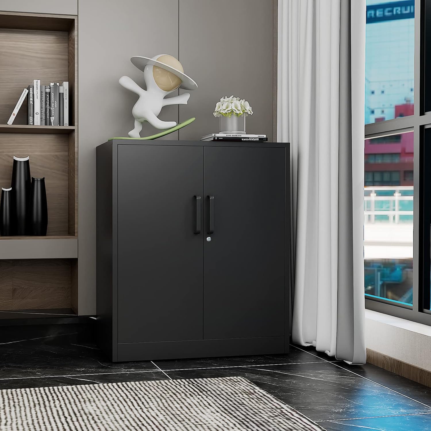 Metal Storage Cabinet with Lock, 36" Small Steel Locker Storage Cabinets, 2 Adjustable Shelves 2 Doors for Home, Office, Garage and Kitchen (Black)