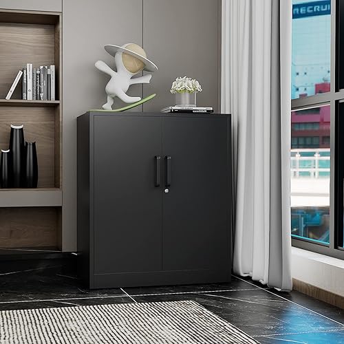 Miniatura 4 de PEUKC Armario de almacenamiento de metal, gabinete negro de 36 pulgadas con estantes, 2 estantes de almacenamiento ajustables y 2 puertas con