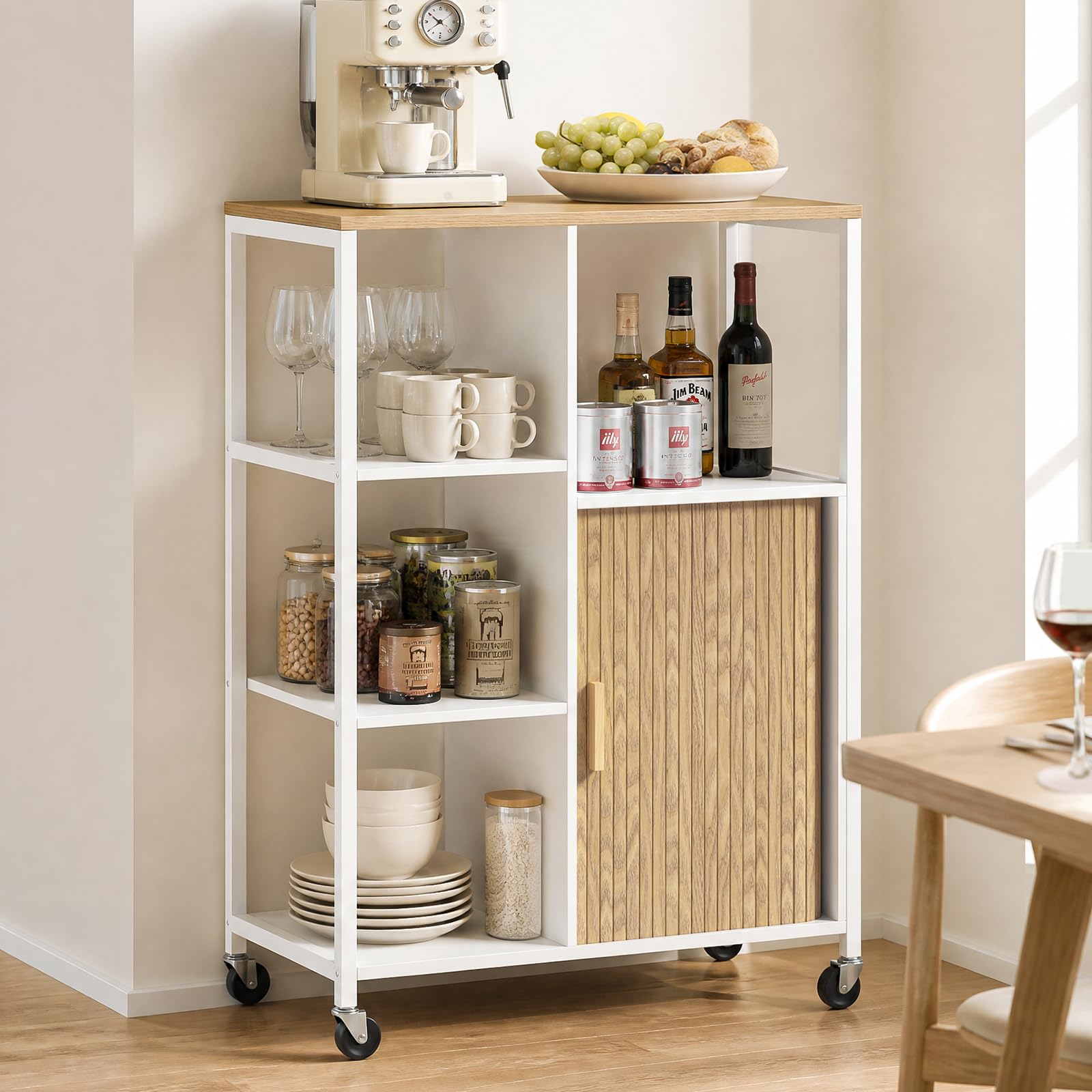 Küchenwagen mit Rollen, mobiler Servierwagen mit Stauraum und Rolltüren, Kücheninsel mit Arbeitsplatte, Rollwagen für Küche, Wohnzimmer & Esszimmer, 37 x 67 x 95cm