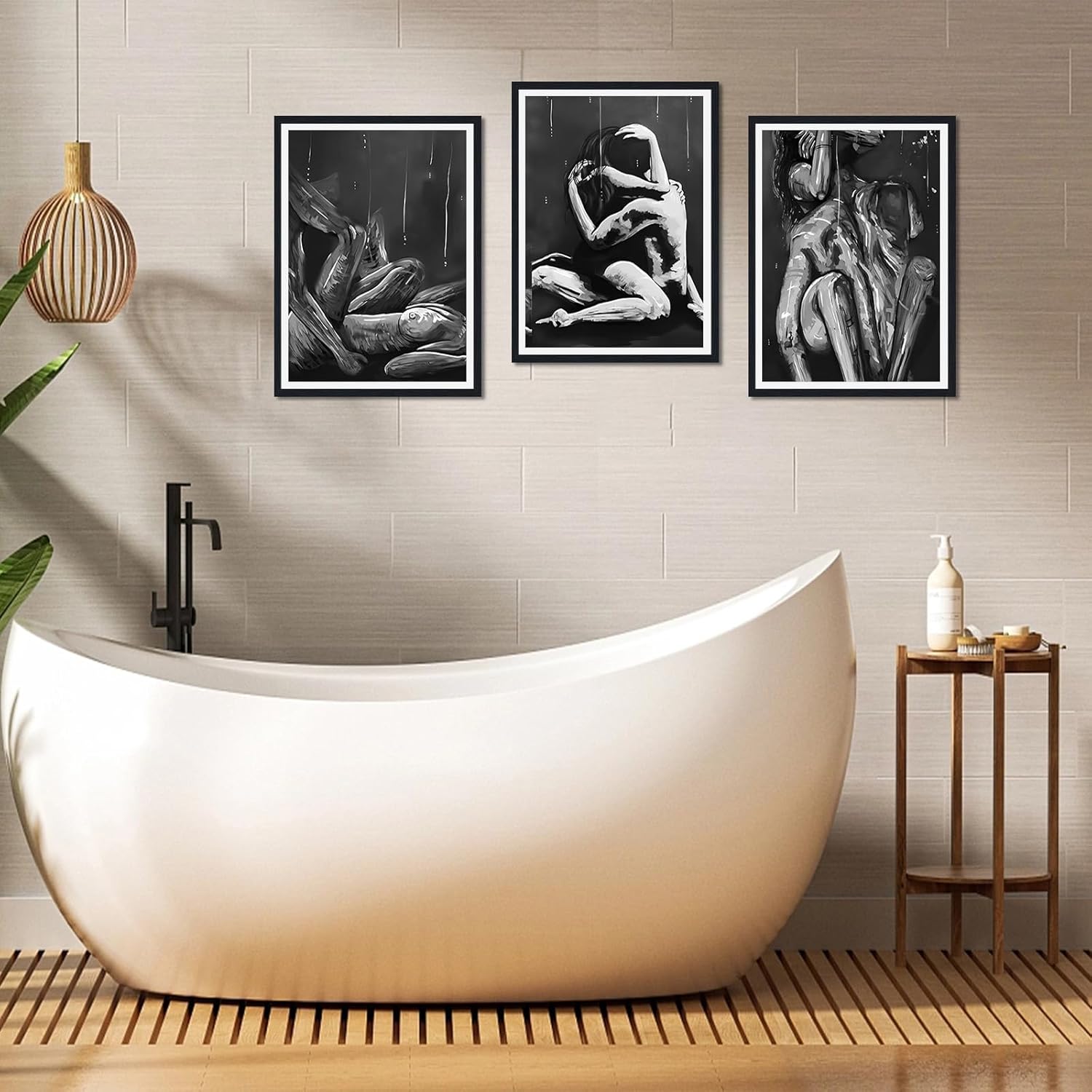 Sexy Lovers Framed Canvas Print Wall Art Man and Woman Painting Wall Decor Abstract Body Curve Line Posters Black White Artwork for Bedroom Bathroom Bar Ready to Hang 12x16inchx3Pcs BLACK