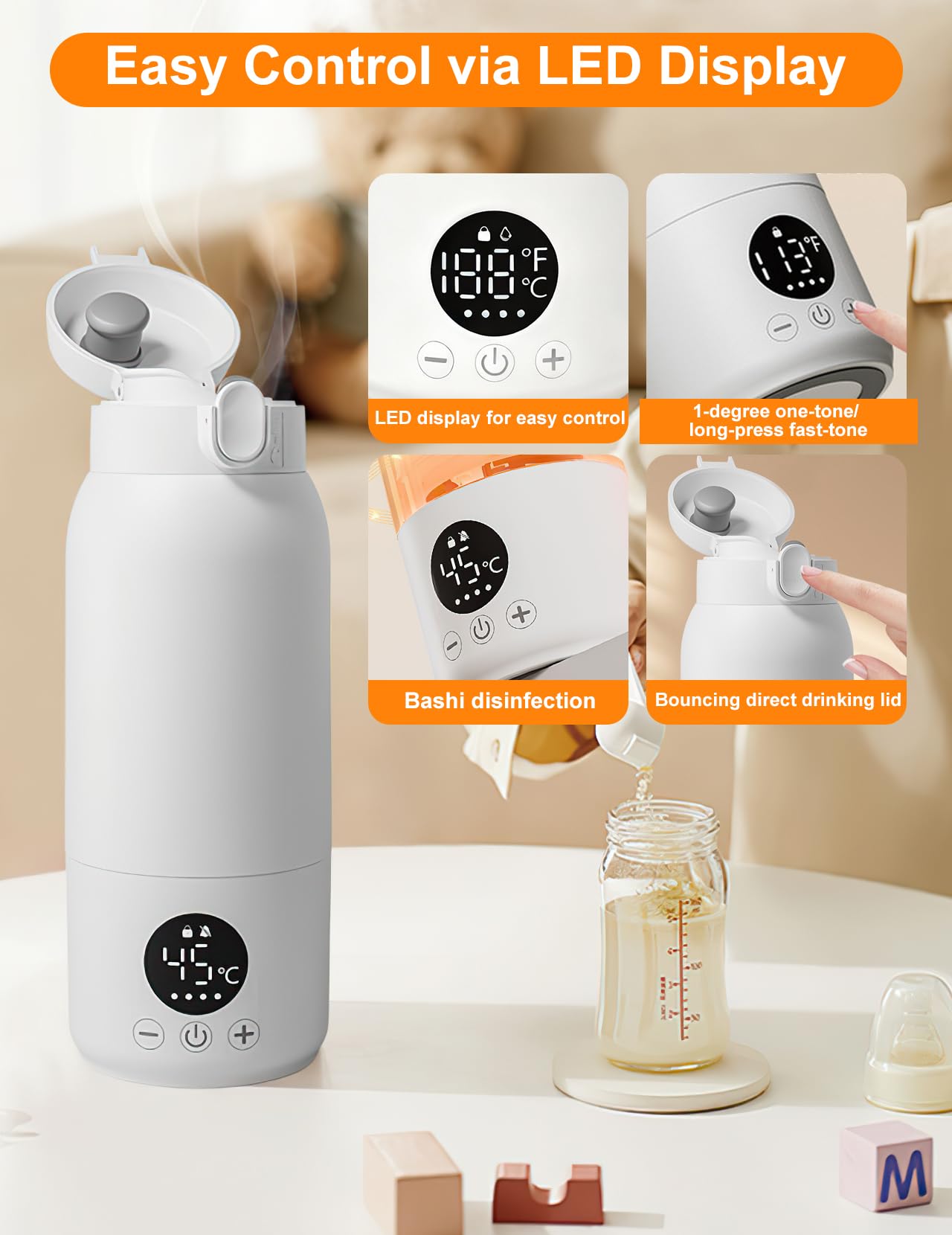 Chauffe-biberon pour Bébé, 500ml Chauffe-biberon Portable | Réchauffe L'eau ou le Lait, Avec Câble USB & Brosse de Nettoyage pour les Voyages Alimentation Nocturne