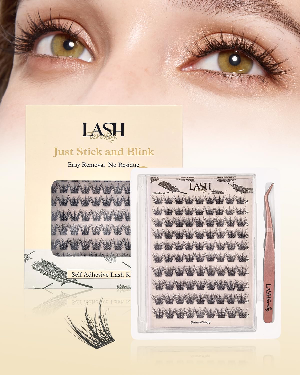 Self Adhesive Eyelashes Glue Free Lash Clusters Easy Removal Ultra Thin Lightweight Press on lashes Natural Wispy 10-14mm Fluffy False Eyelashes 90 Clusters Lash Clusters Kit