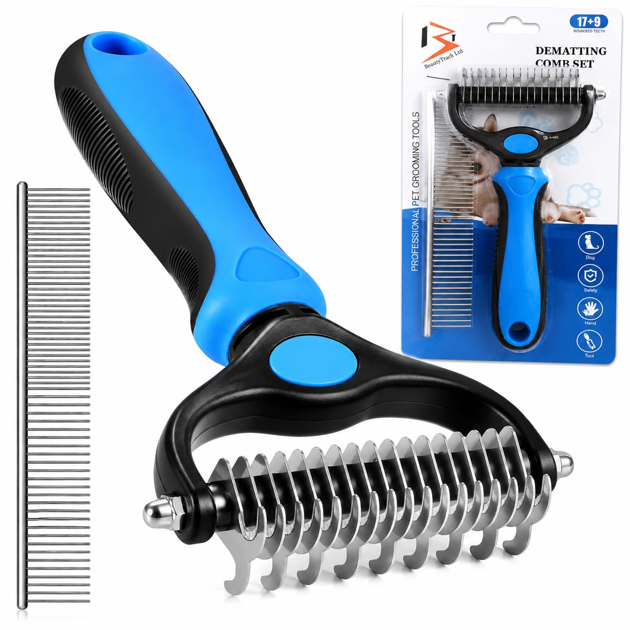 New Dematting Comb for Dog and Cat, Pet Grooming Rake and Brushes for Small, Medium & Large Dogs 17+9 Double Sided Deshedding Tool Removes Knots and Tangled Hair Comb Tool (Blue, L)