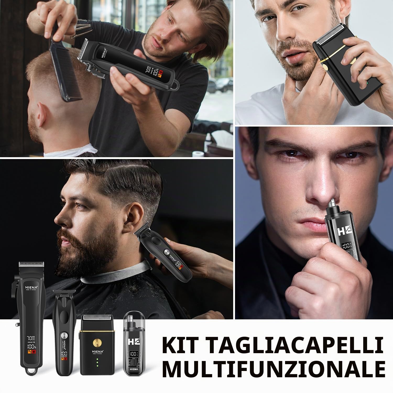 HIENA PRO Tagliacapelli Uomo Professionale, Macchinetta per Capelli Senza Fili, Regolabarba, Rasoio a Lamina, Tagliapeli Naso, Kit Completo per Rasatura e Taglio di Capelli Elettrico