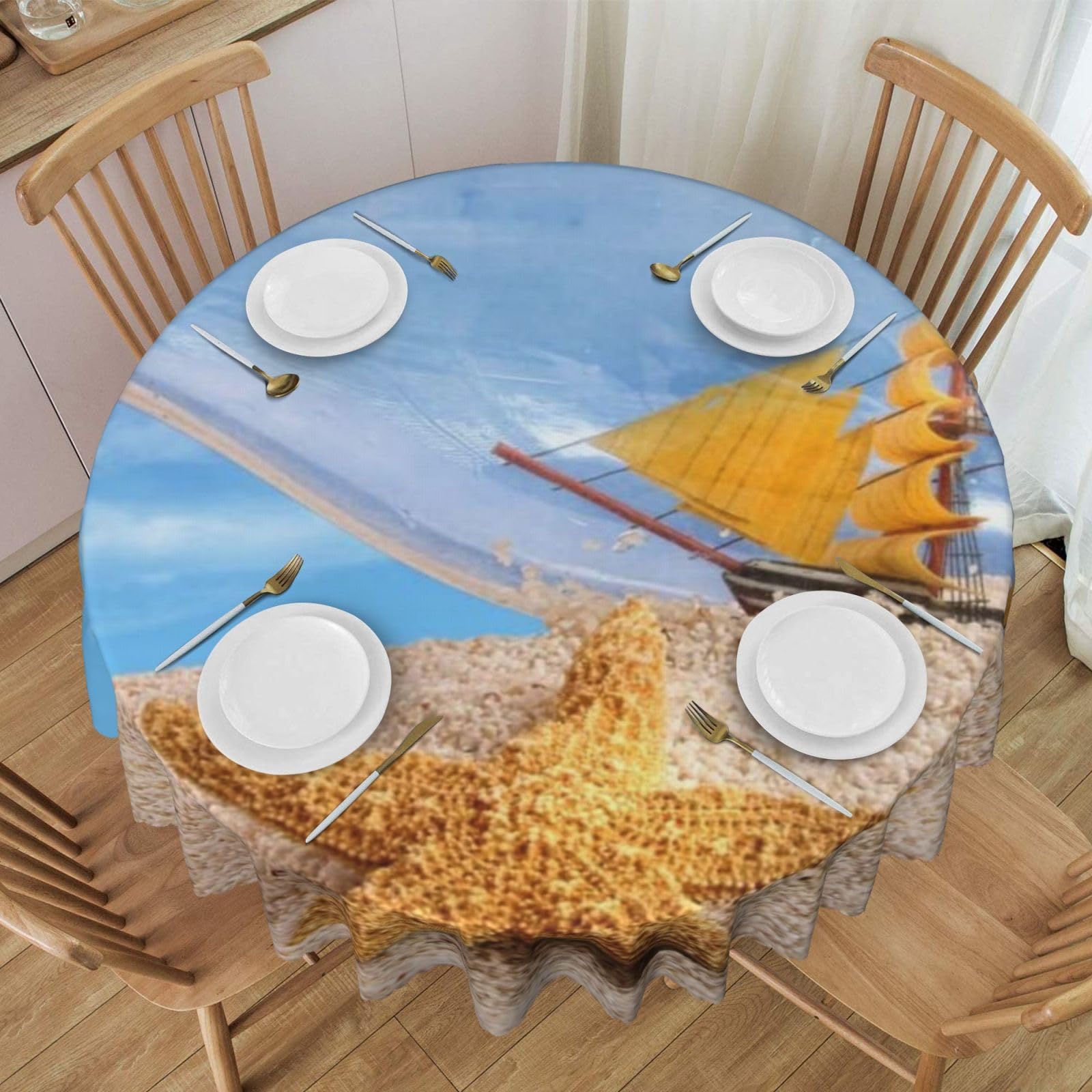 DCEHGEW 60 In Round Tablecloth with Lace, Wishing Bottle Seascape Printed Oilproof & Washable Fabric Picnic Table Cloth Table Covers