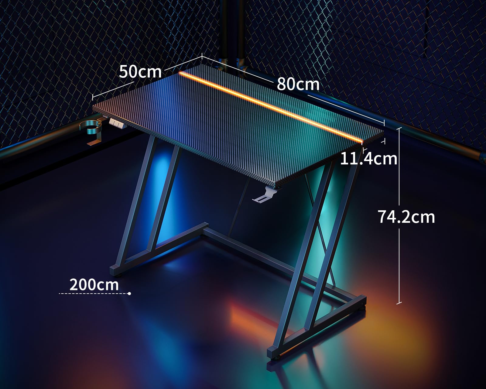 ODK Bureau Gaming LED, 80 x 50 cm Bureau Gamer, Table Gaming avec Porte-Gobelet et Crochet pour Casque D'écoute, Fibre de Carbone Noir