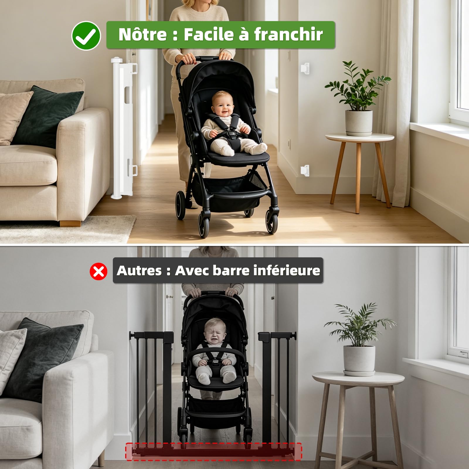 Dioxide Barrière de Sécurité Rétractable pour Bébé, 0-150 cm Barriere Retractable Enfant, Barrière Sécurité Enfant Adaptée aux Escaliers, Couloirs, Intérieur et Extérieur (Blanc)