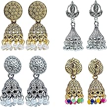 FABUZA Traditional Oxodised Earrings Combo, 4 Pieces, 2 Golden and 2 Silver, One Golden Earring with Multi color Pearls work and another are with white and Silver matching pearls
