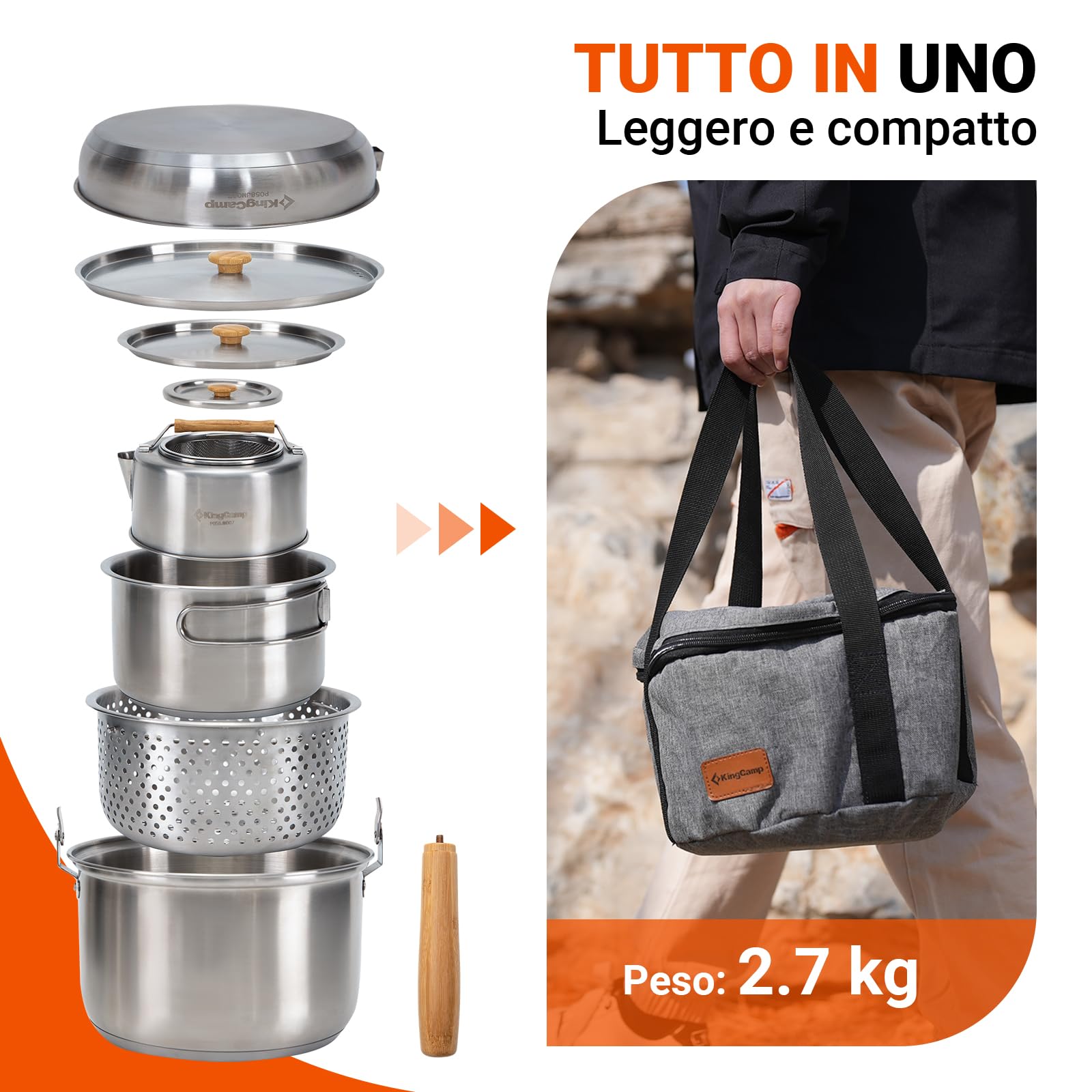 KingCamp Set di pentole da campeggio in acciaio inox, per fornelli da campeggio