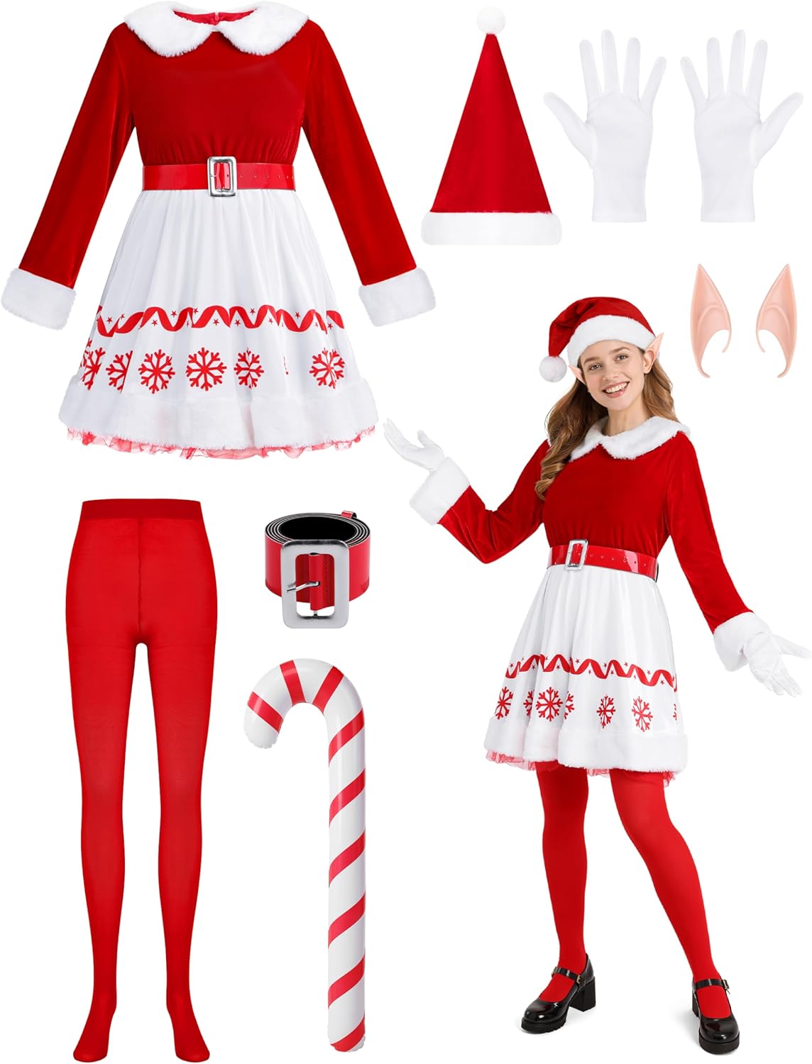 RUODON 6 Pieces Women Elf Costume Red and White Female Party Costumes Christmas Dress Outfit for Women